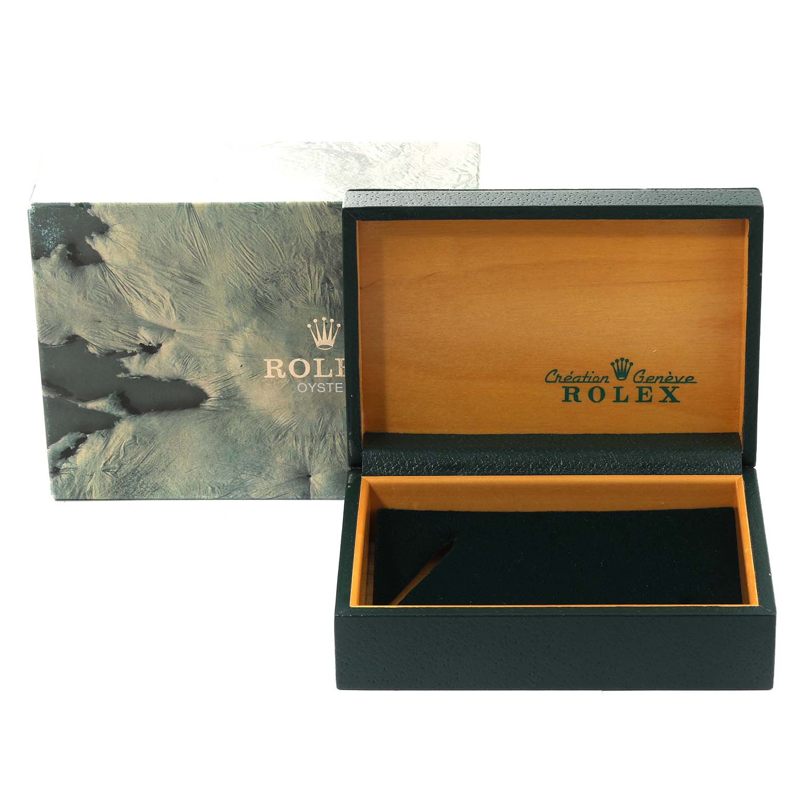 The image shows an open Rolex Vintage Collection 16030 Men's Stainless Steel Silver Dial 16030 Men's Stainless Steel Silver Dial watch box and its outer packaging from a front angle.