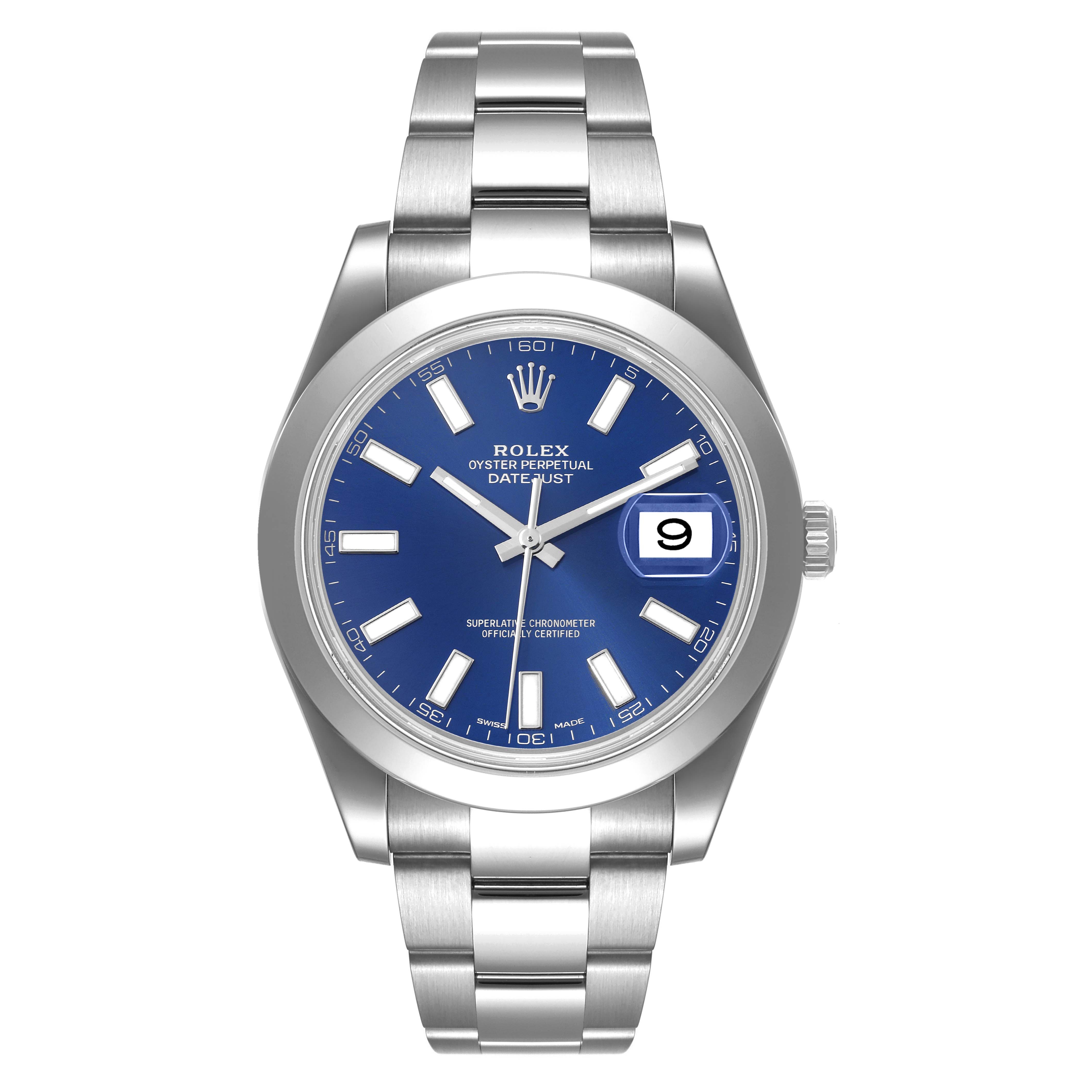 This image shows a front view of a Rolex Datejust 116300 Men's Stainless Steel Blue Dial 116300 Men's Stainless Steel Blue Dial watch, highlighting its blue dial, date window, and metal bracelet.