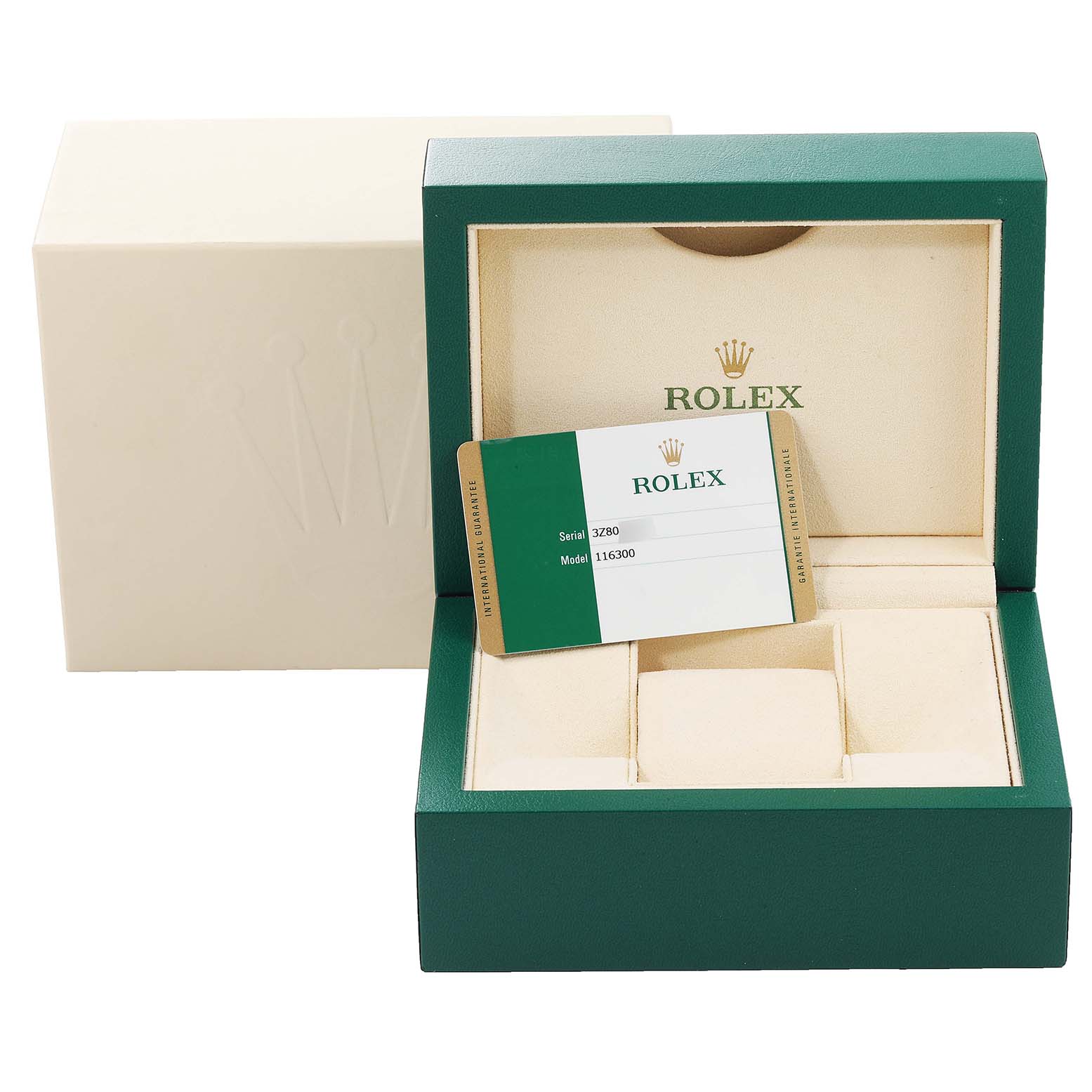 The image shows the Rolex Datejust 116300 Men's Stainless Steel Blue Dial 116300 Men's Stainless Steel Blue Dial packaging box and warranty card, viewed from the front.
