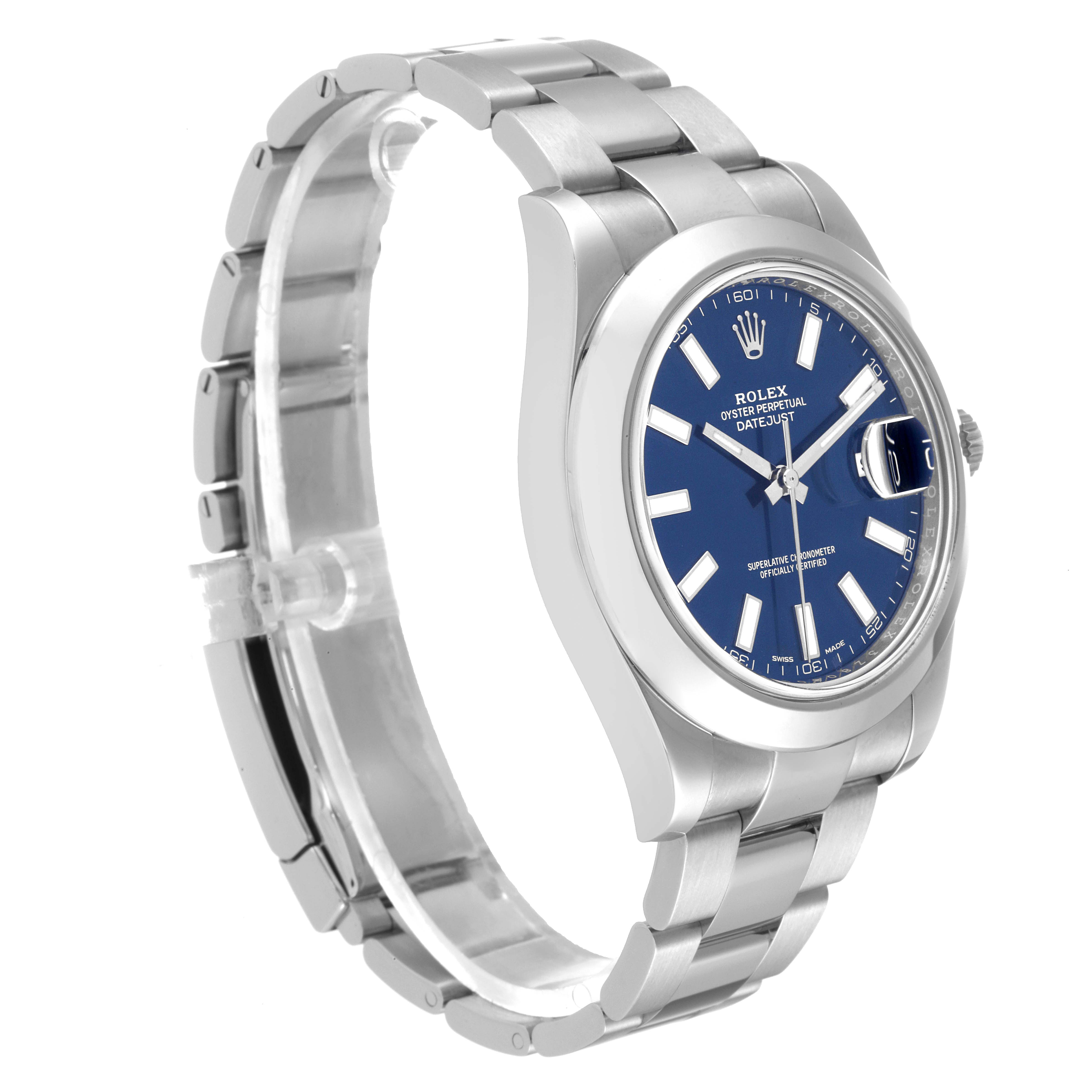 The image shows a side view of a Rolex Datejust 116300 Men's Stainless Steel Blue Dial 116300 Men's Stainless Steel Blue Dial watch, highlighting the bracelet, bezel, and blue dial.
