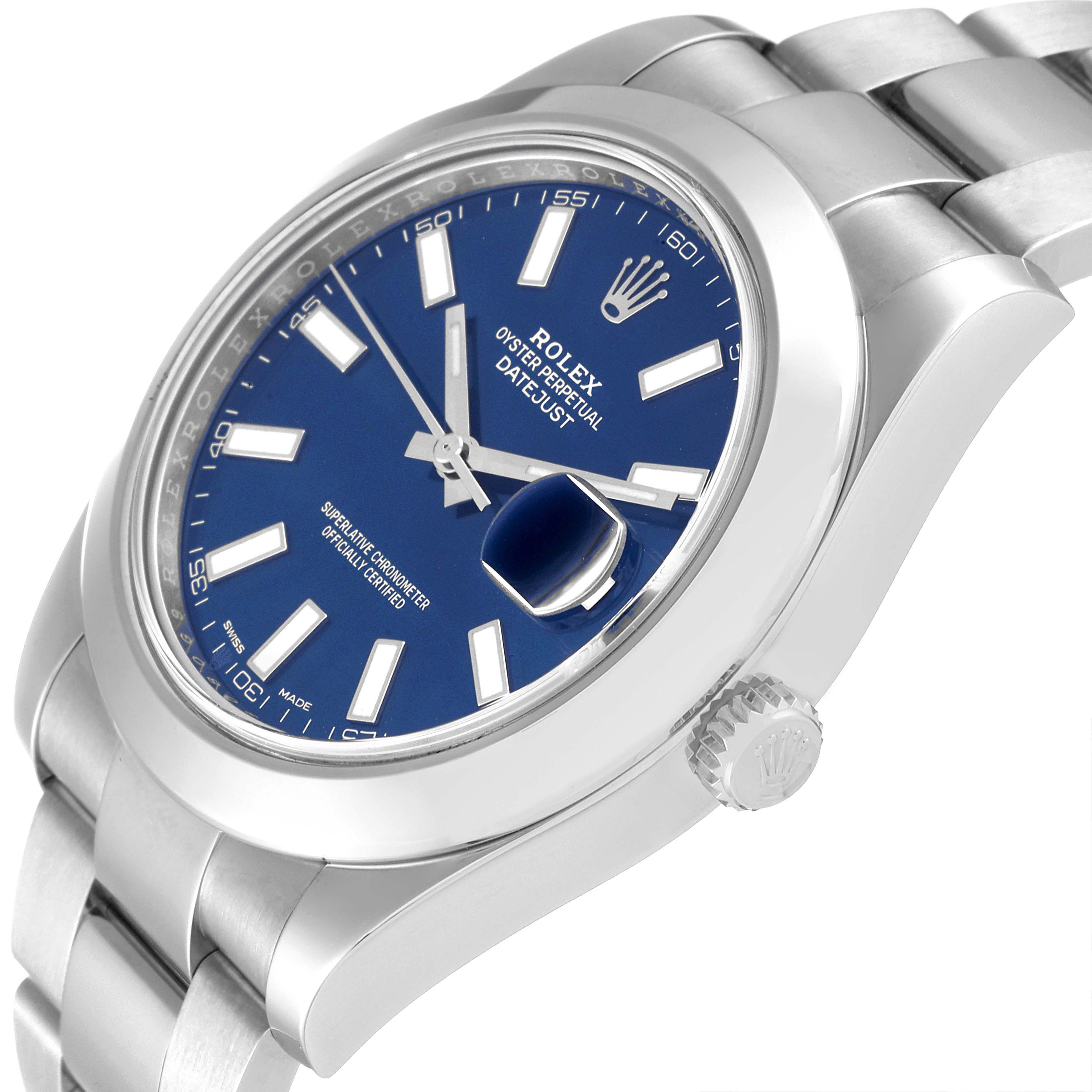 This image shows a close-up angle of the Rolex Datejust 116300 Men's Stainless Steel Blue Dial 116300 Men's Stainless Steel Blue Dial watch, featuring the dial, bezel, crown, and part of the bracelet.