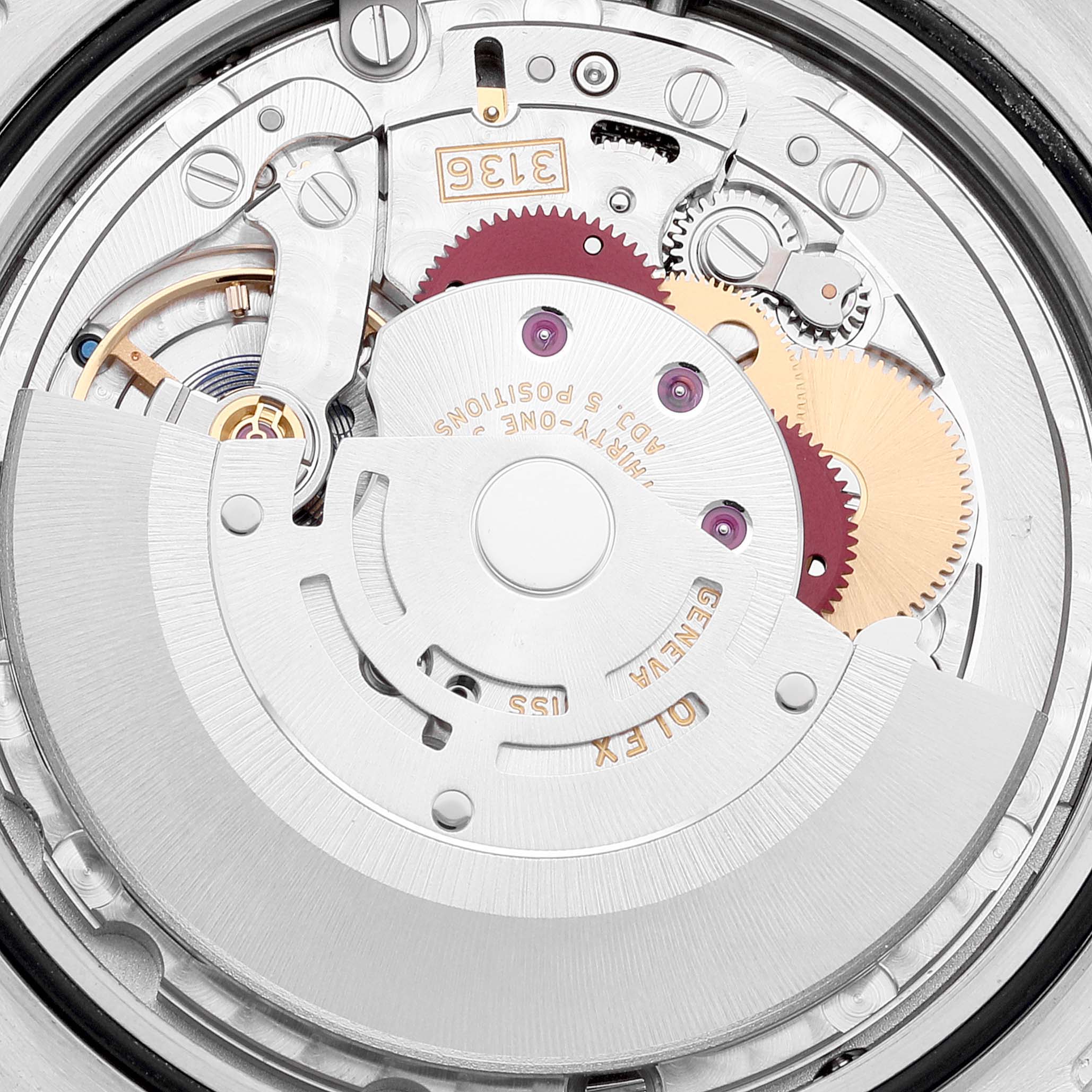 This image shows the internal movement mechanism of the Rolex Datejust 116300 Men's Stainless Steel Blue Dial 116300 Men's Stainless Steel Blue Dial watch, including gears, rotor, and balance wheel.