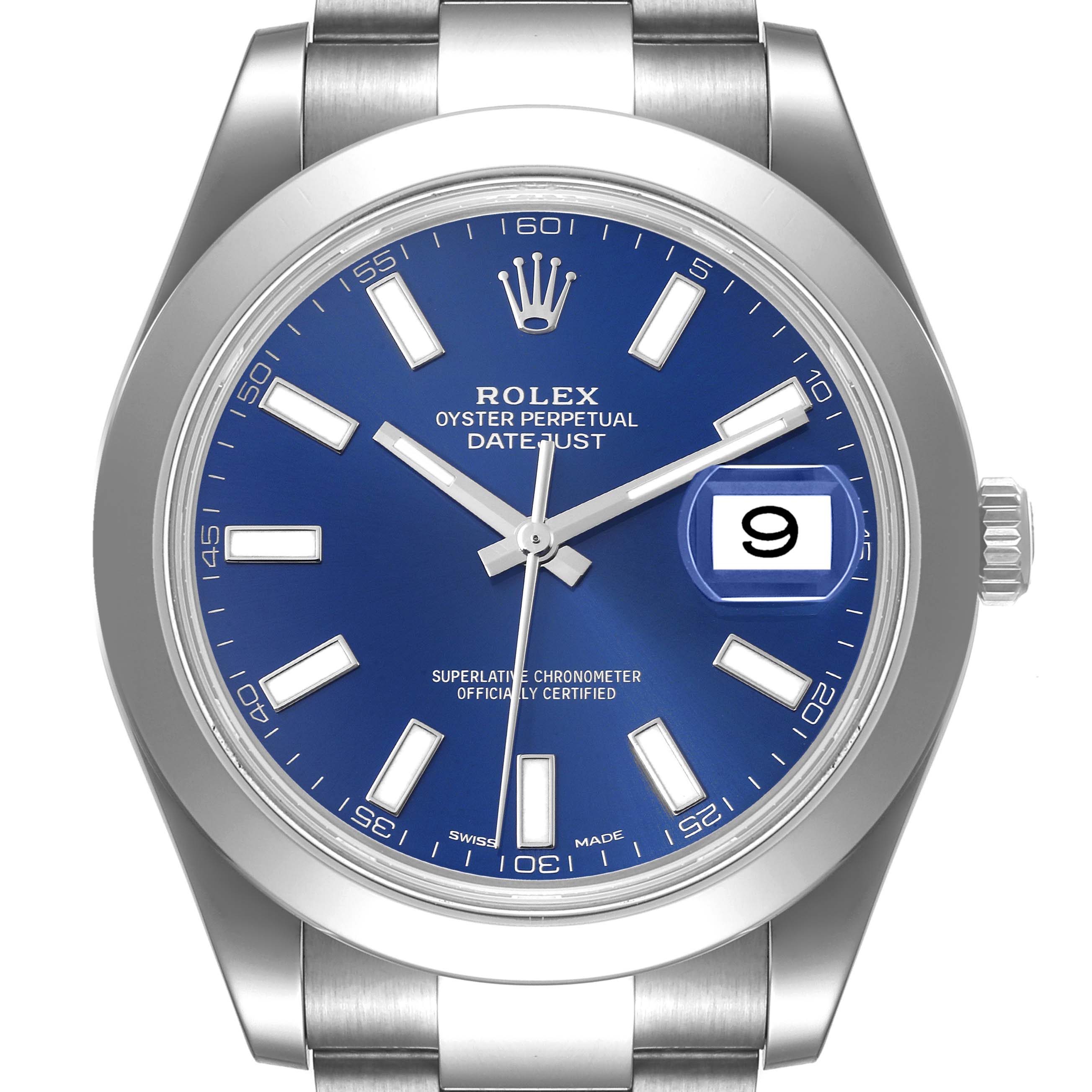This image shows a front view of the Rolex Datejust 116300 Men's Stainless Steel Blue Dial 116300 Men's Stainless Steel Blue Dial watch, displaying its blue dial, date window, and stainless steel bracelet.