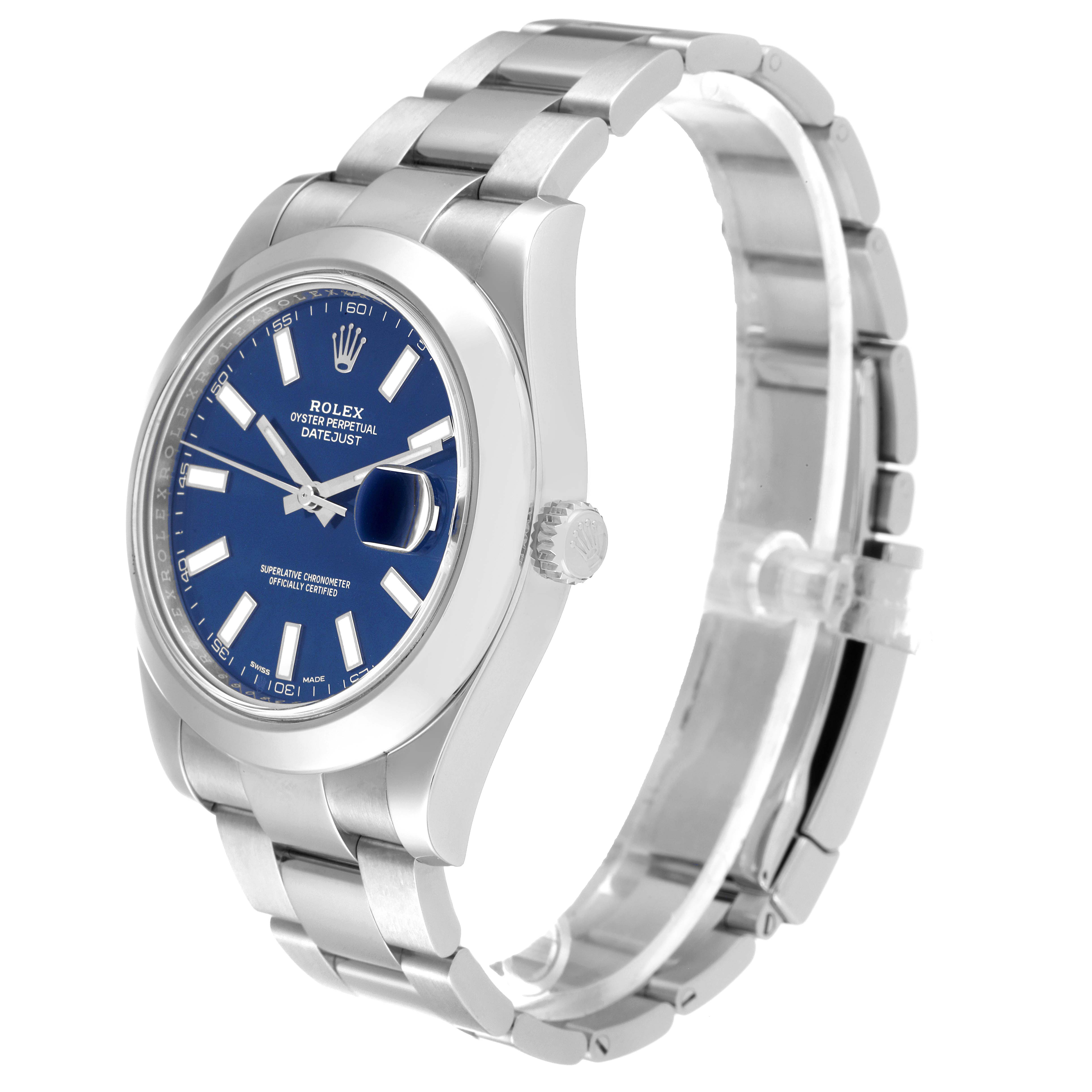This image shows a side-angle view of the Rolex Datejust 116300 Men's Stainless Steel Blue Dial 116300 Men's Stainless Steel Blue Dial watch, highlighting the face, crown, and bracelet.