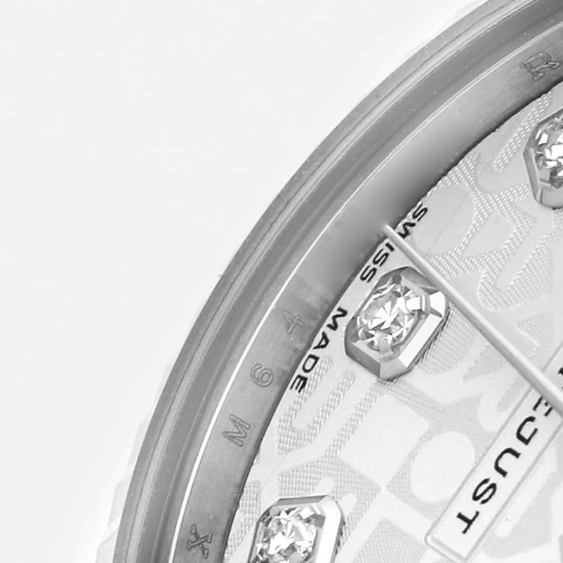 The image shows a close-up of the dial's edge on a Rolex Datejust 178274 Women's Steel and Gold (two tone) Mother of Pearl Dial, featuring diamond hour markers.