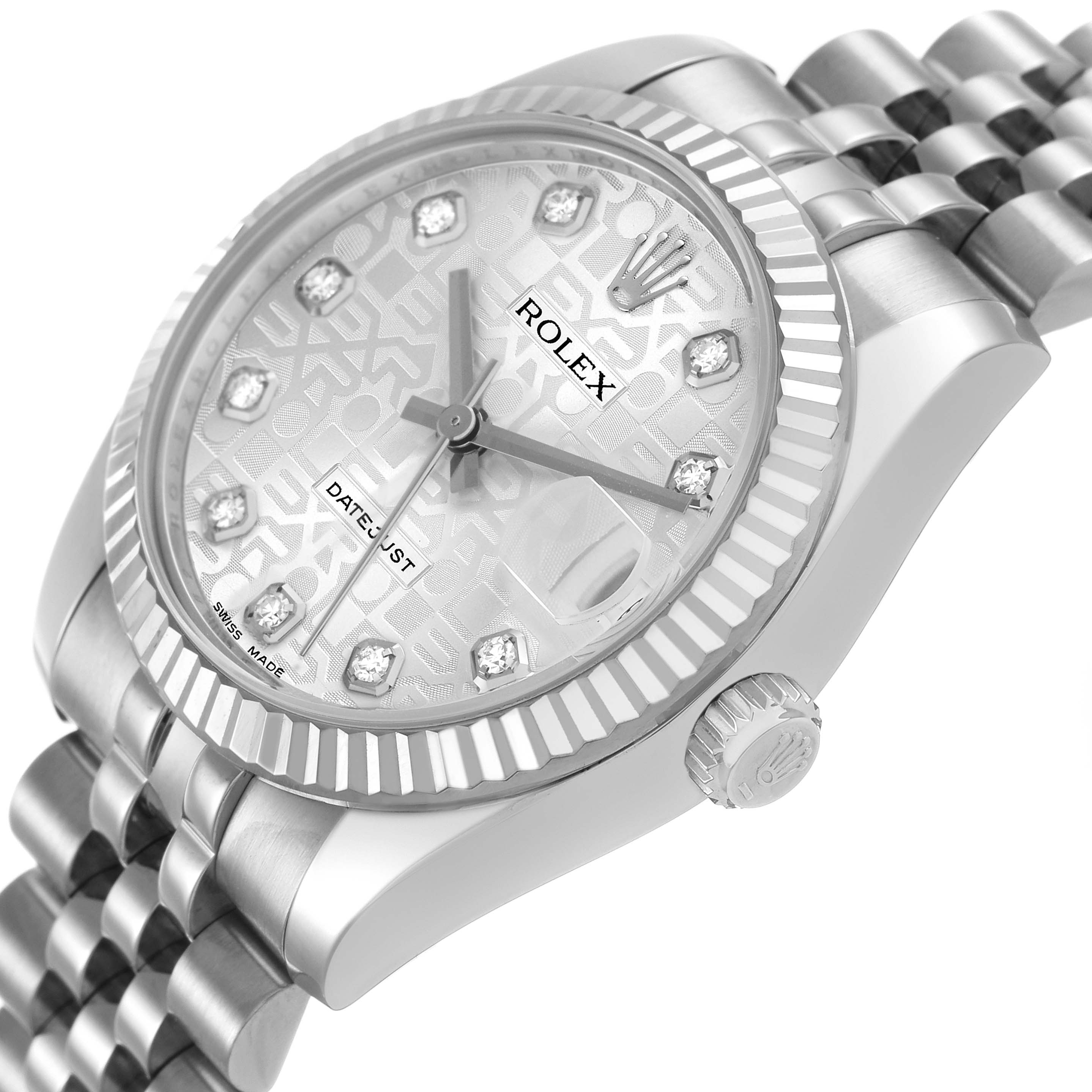 The Rolex Datejust 178274 Women's Steel and Gold (two tone) Mother of Pearl Dial watch is shown at an angled side view, highlighting the dial, fluted bezel, crown, and bracelet.