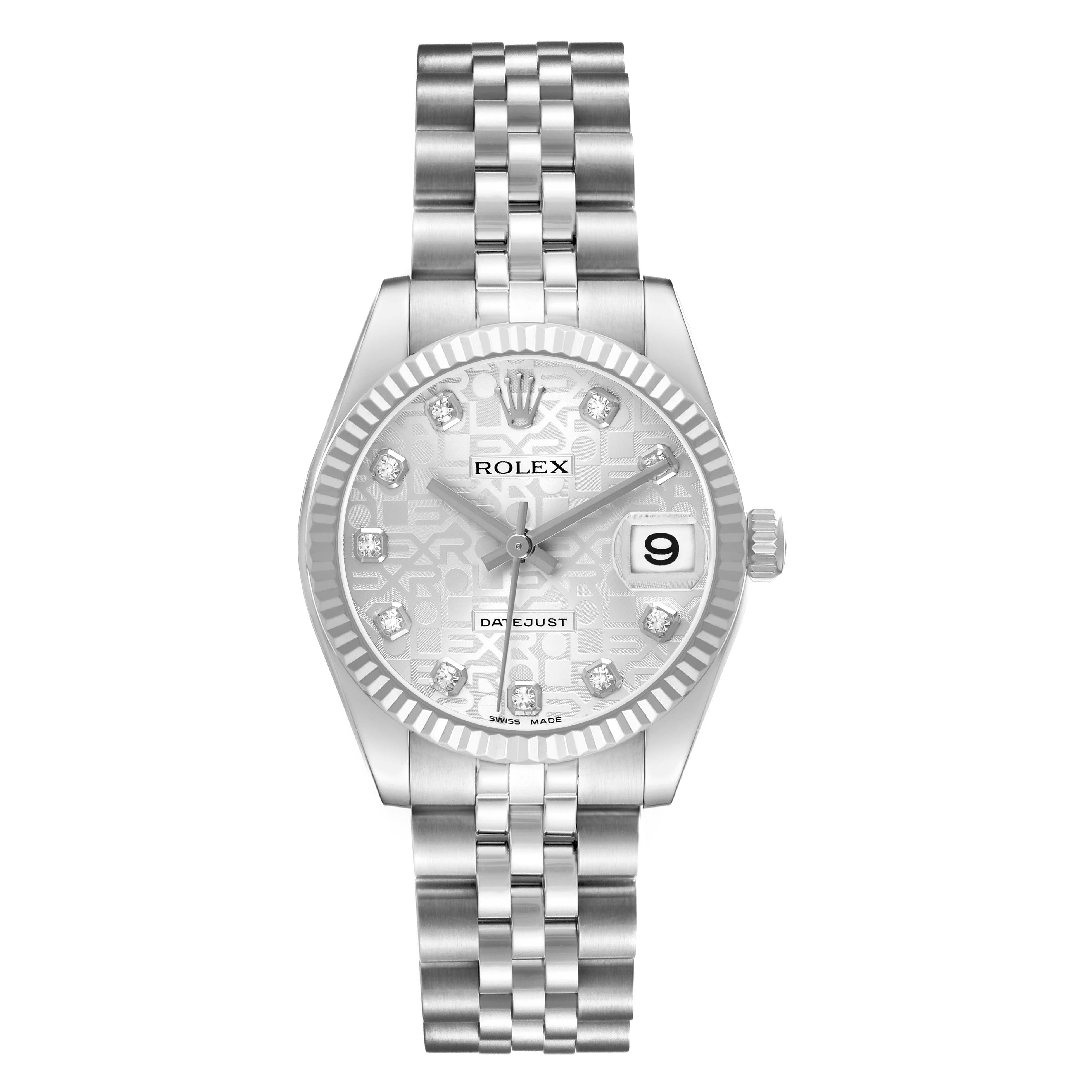 The Rolex Datejust 178274 Women's Steel and Gold (two tone) Mother of Pearl Dial watch is shown from a front view, highlighting the dial, bezel, and bracelet.