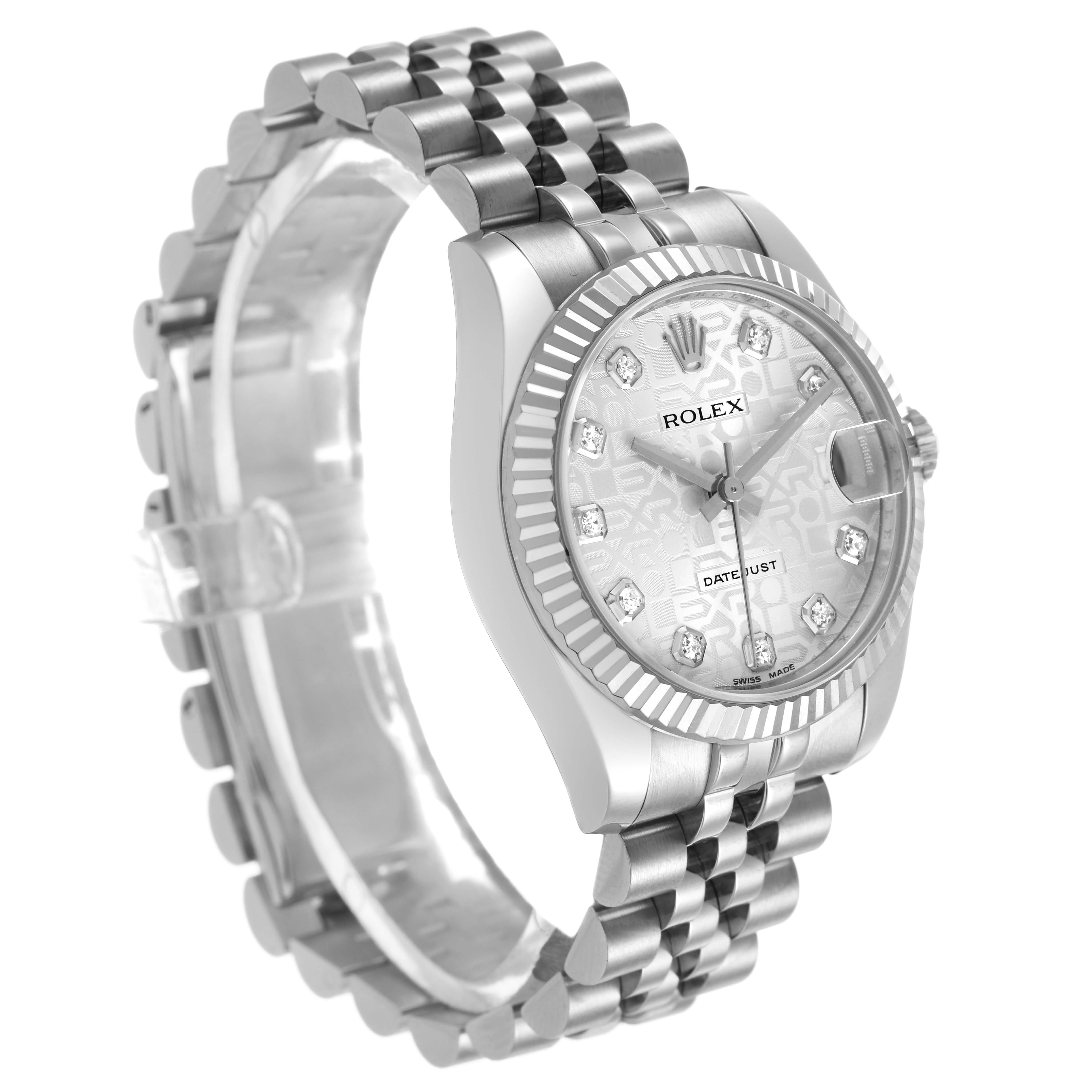 The Rolex Datejust 178274 Women's Steel and Gold (two tone) Mother of Pearl Dial watch is shown at a slight angle, highlighting the face, bezel, and Jubilee bracelet.