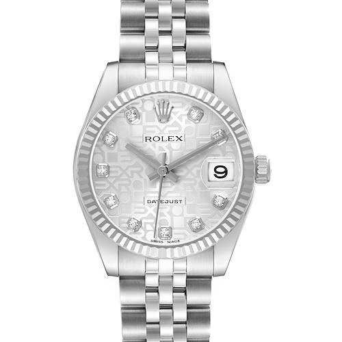The Rolex Datejust 178274 Women's Steel and Gold (two tone) Mother of Pearl Dial watch is shown from the front, displaying the face, bezel, crown, and upper bracelet.