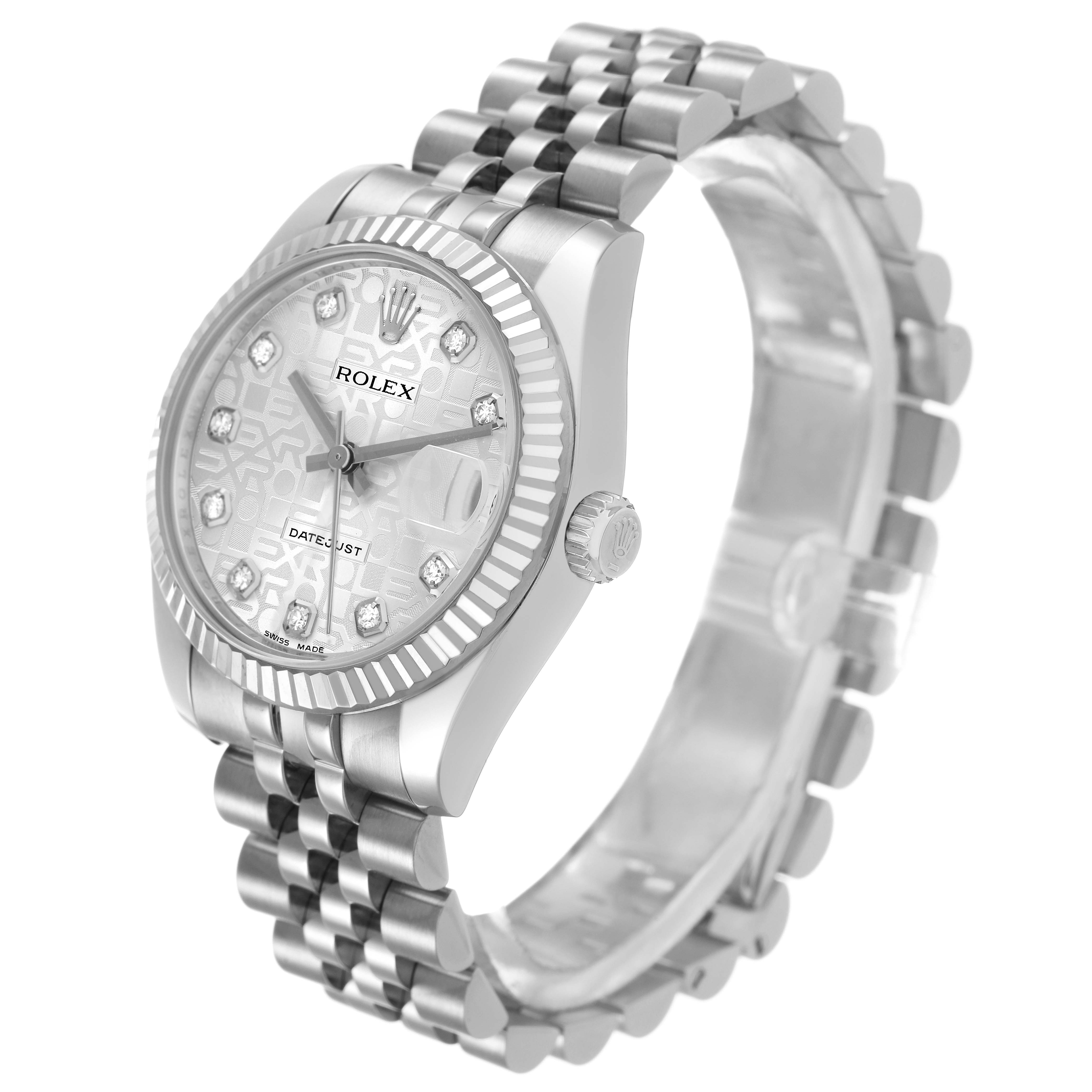 The Rolex Datejust 178274 Women's Steel and Gold (two tone) Mother of Pearl Dial watch is shown at a three-quarter angle, highlighting the dial, bezel, and bracelet details.