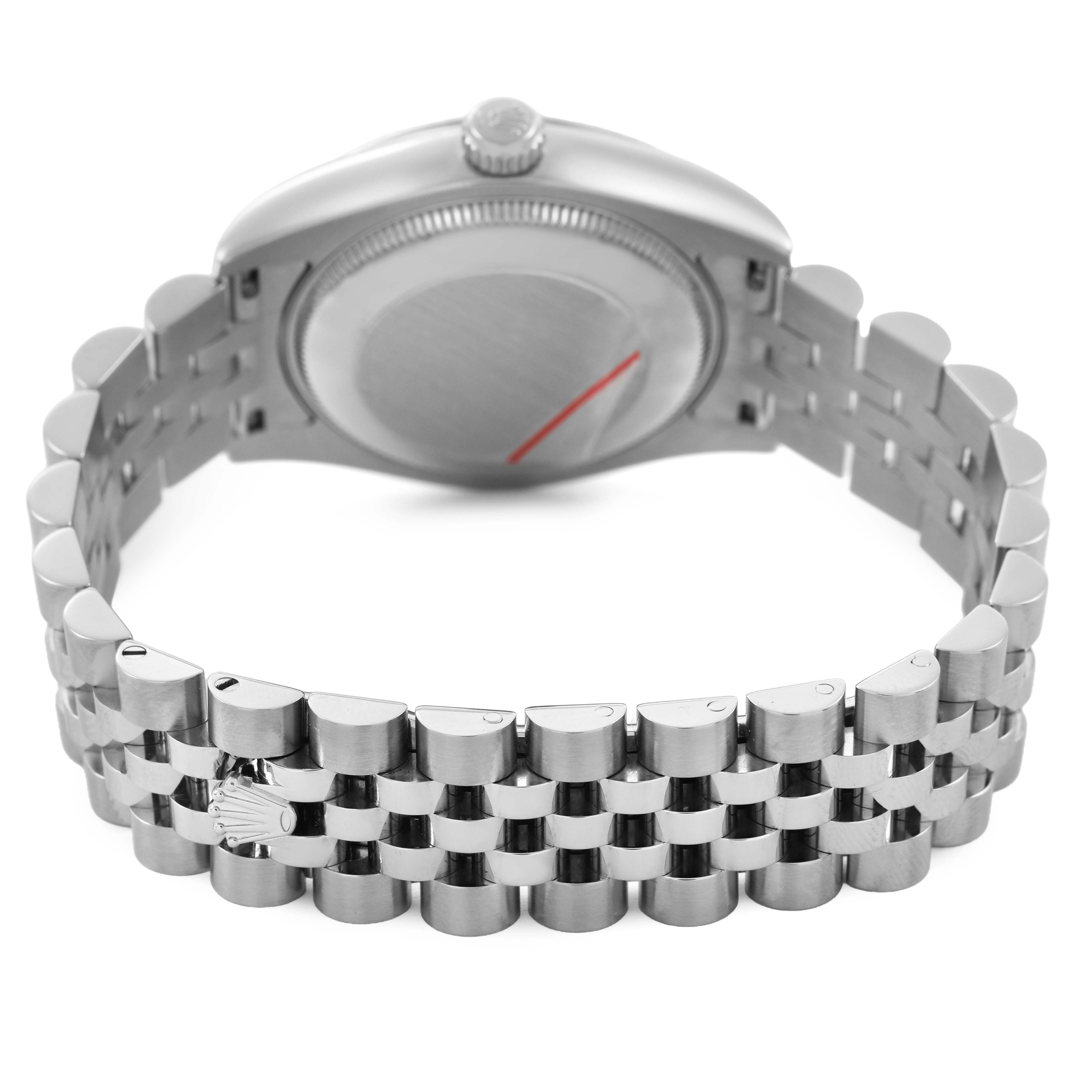 The image shows the back view of a Rolex Datejust 178274 Women's Steel and Gold (two tone) Mother of Pearl Dial, highlighting the case back and jubilee bracelet.
