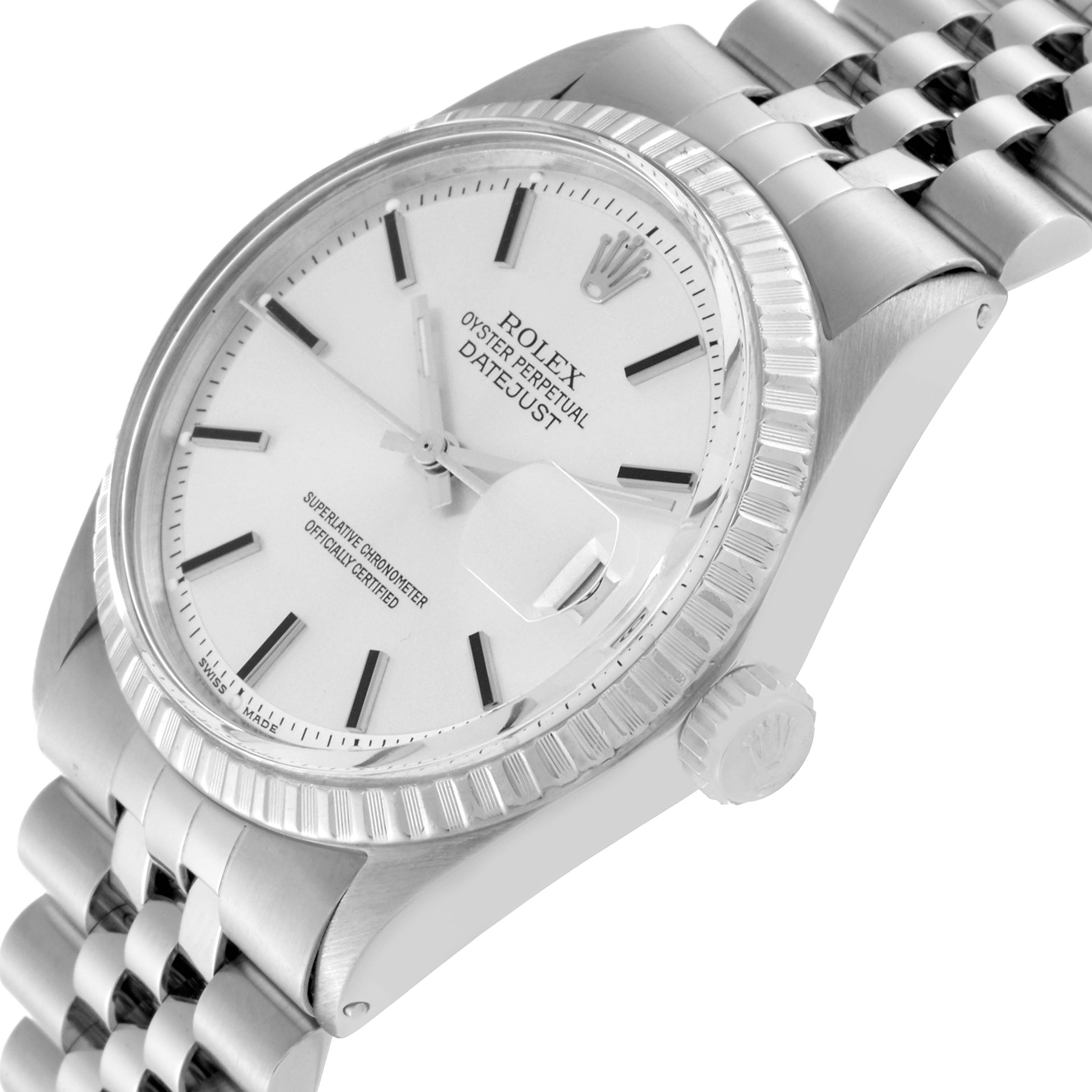 The Rolex Vintage Collection 1603 Men
s Stainless Steel Silver Dial 1603 Men
s Stainless Steel Silver Dial model watch is shown at a slight angle, highlighting its dial, bezel, crown, and part of the bracelet.