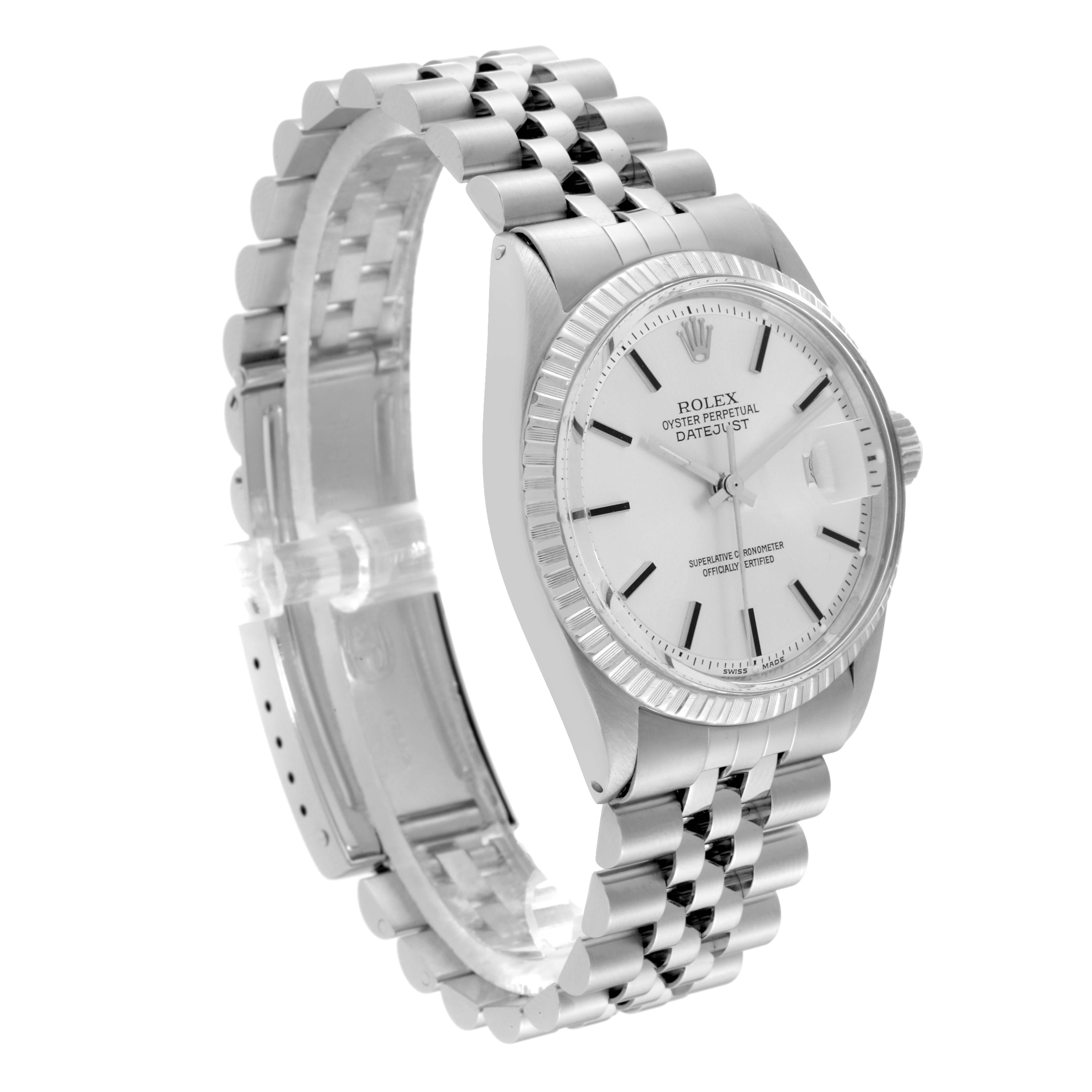 The image shows a side angle of the Rolex Vintage Collection 1603 Men
s Stainless Steel Silver Dial 1603 Men
s Stainless Steel Silver Dial watch, revealing its full bracelet, dial, and bezel.