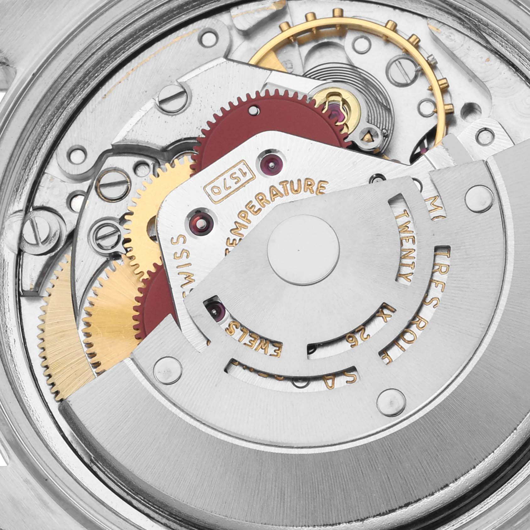 This is an internal view of the movement mechanism of a Rolex Vintage Collection 1603 Men
s Stainless Steel Silver Dial 1603 Men
s Stainless Steel Silver Dial watch, showing gears and the rotor.