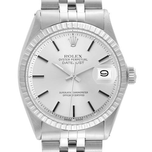 This image shows a front view of the Rolex Oyster Perpetual Datejust from the Vintage Collection, highlighting the face, bezel, and part of the bracelet.