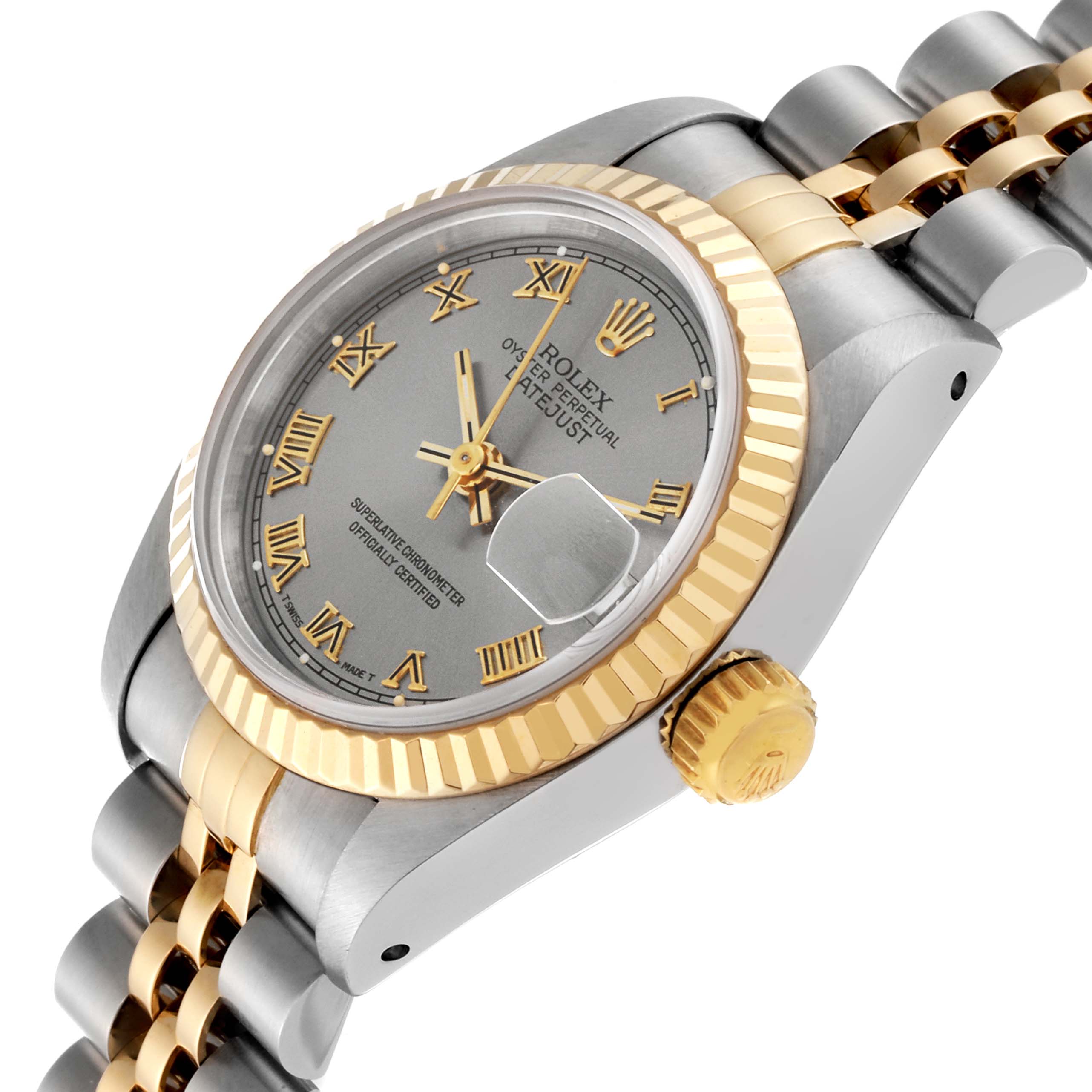 The Rolex Datejust 69173 Women's Steel and Gold (two tone) Grey Dial 69173 Women's Steel and Gold (two tone) Grey Dial watch is shown at an angle, highlighting its gold bezel, crown, two-tone bracelet, and Roman numeral dial.