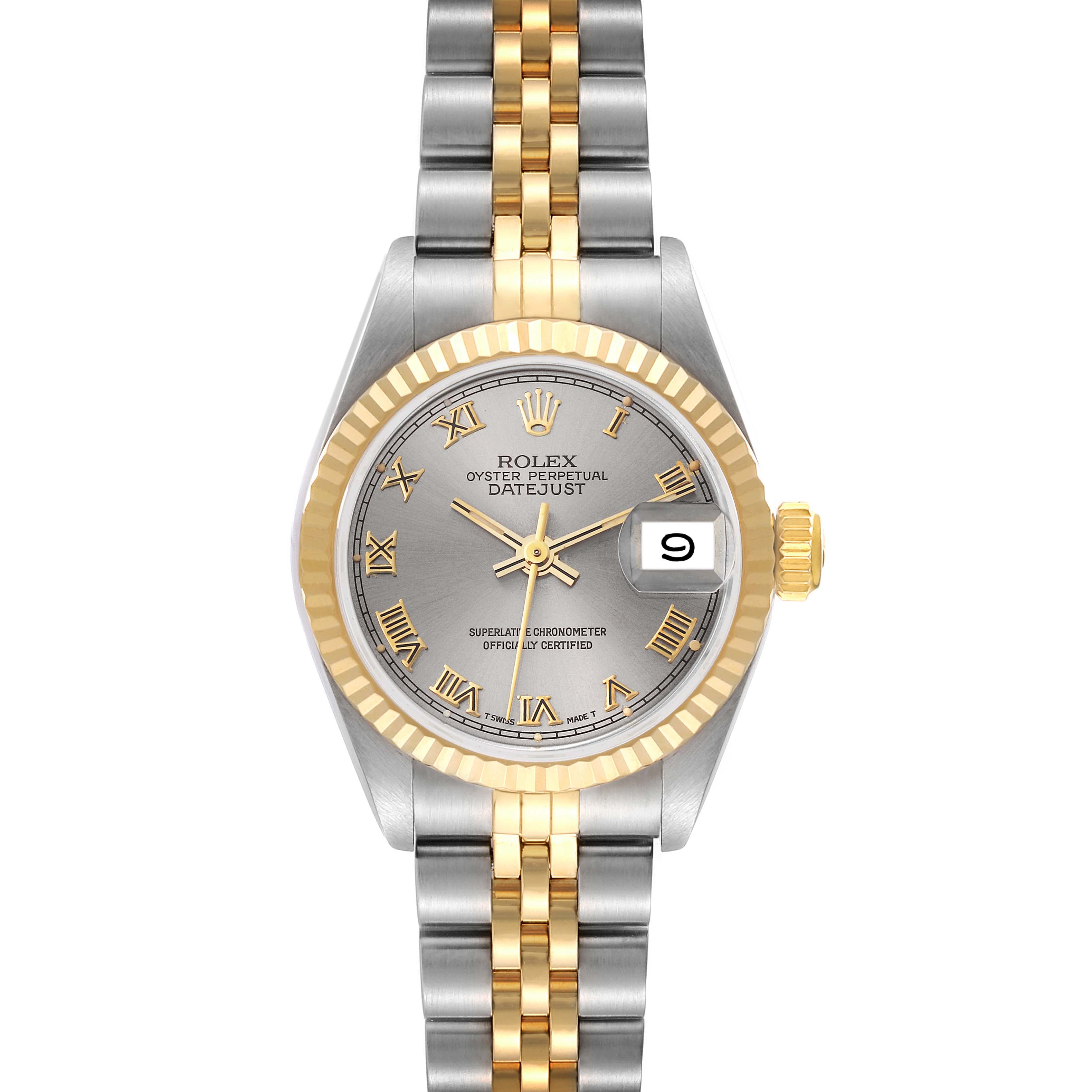 The Rolex Datejust 69173 Women's Steel and Gold (two tone) Grey Dial 69173 Women's Steel and Gold (two tone) Grey Dial watch is shown from a top view, displaying its face, bezel, and bracelet.
