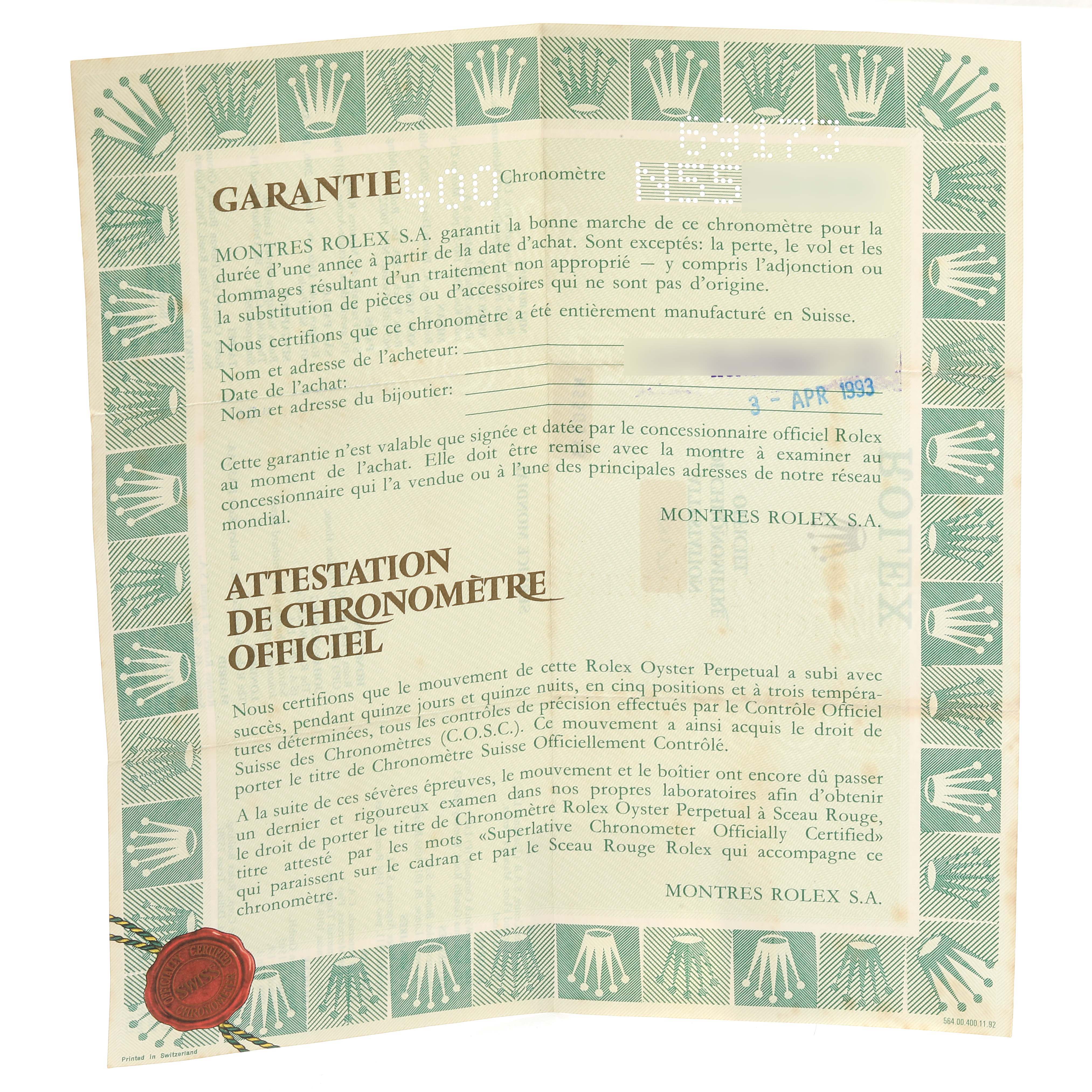 This is a warranty certificate for a Rolex Datejust 69173 Women's Steel and Gold (two tone) Grey Dial 69173 Women's Steel and Gold (two tone) Grey Dial model, showing the guarantee and official chronometer attestation.