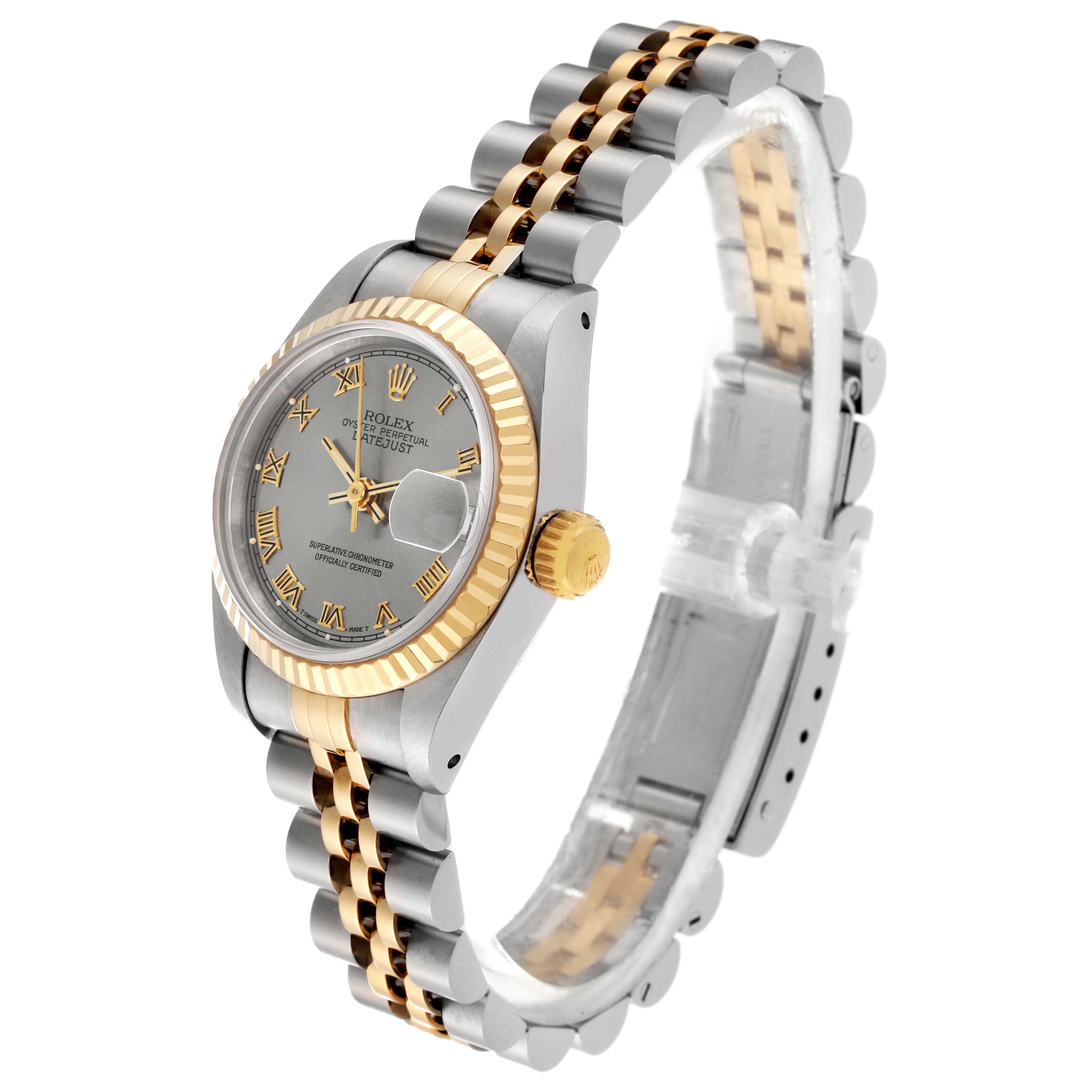 This image showcases the side view of a Rolex Datejust 69173 Women's Steel and Gold (two tone) Grey Dial 69173 Women's Steel and Gold (two tone) Grey Dial watch, featuring its two-tone bracelet and fluted bezel.