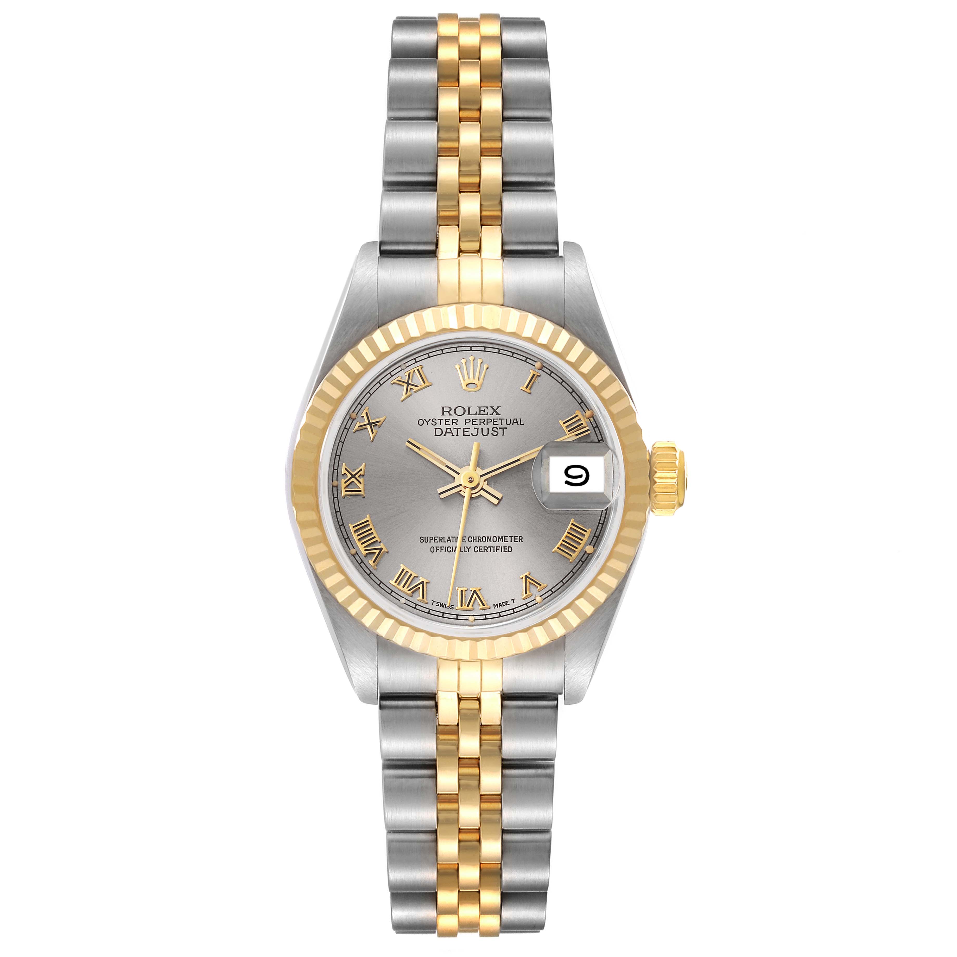 This Rolex Datejust 69173 Women's Steel and Gold (two tone) Grey Dial 69173 Women's Steel and Gold (two tone) Grey Dial is shown in a front view, highlighting the face, fluted bezel, jubilee bracelet, and date window.