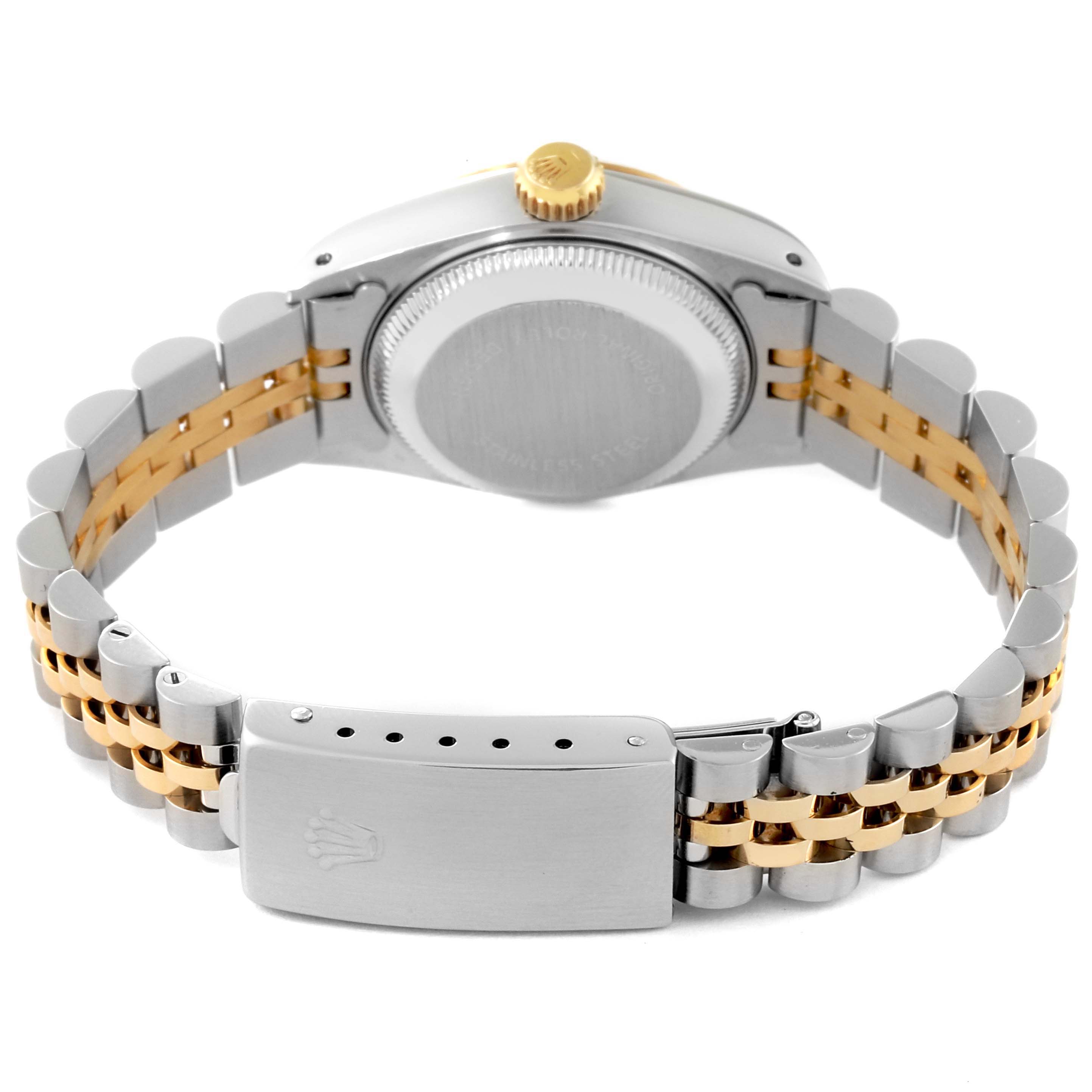 The image shows the back of the Rolex Datejust 69173 Women's Steel and Gold (two tone) Grey Dial 69173 Women's Steel and Gold (two tone) Grey Dial watch, highlighting its bracelet and clasp.