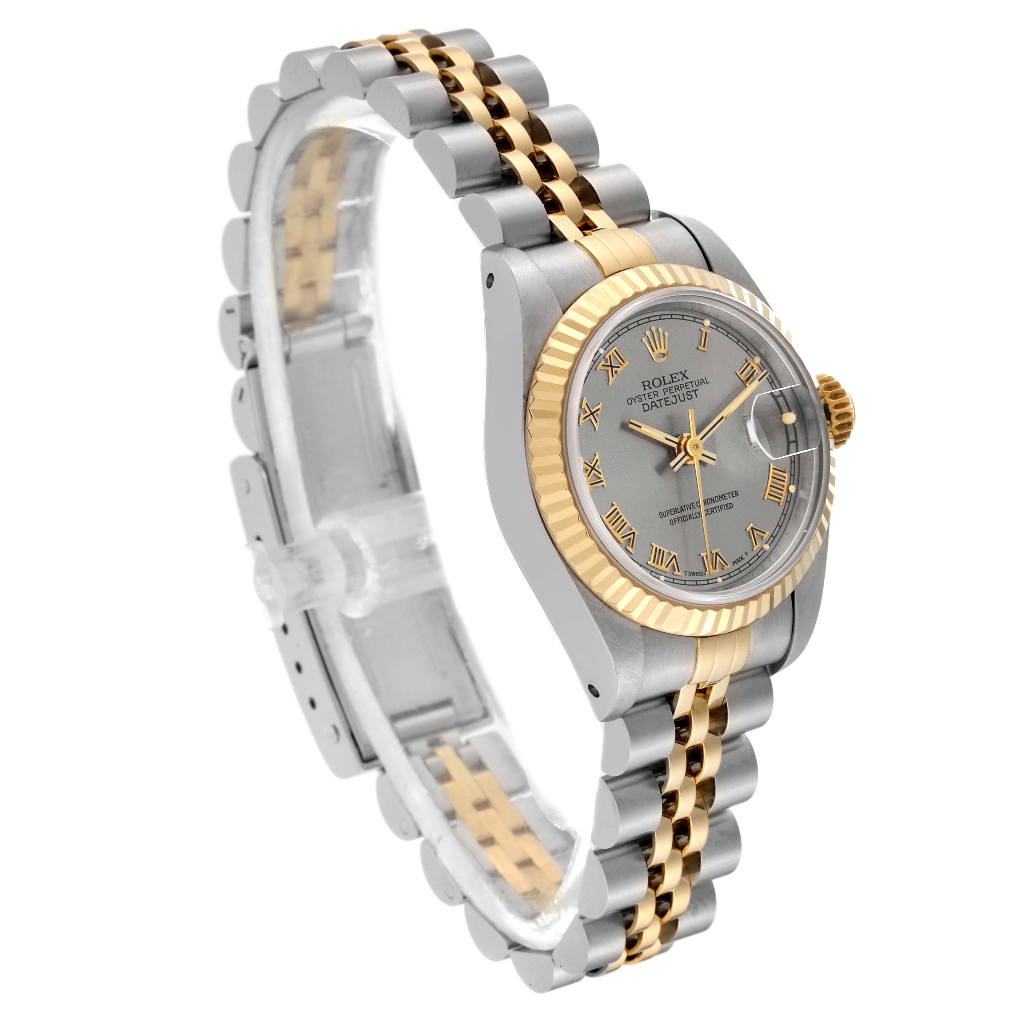 The image shows a Rolex Datejust 69173 Women's Steel and Gold (two tone) Grey Dial 69173 Women's Steel and Gold (two tone) Grey Dial watch from an angled side view, highlighting the two-tone bracelet, fluted bezel, and face details.