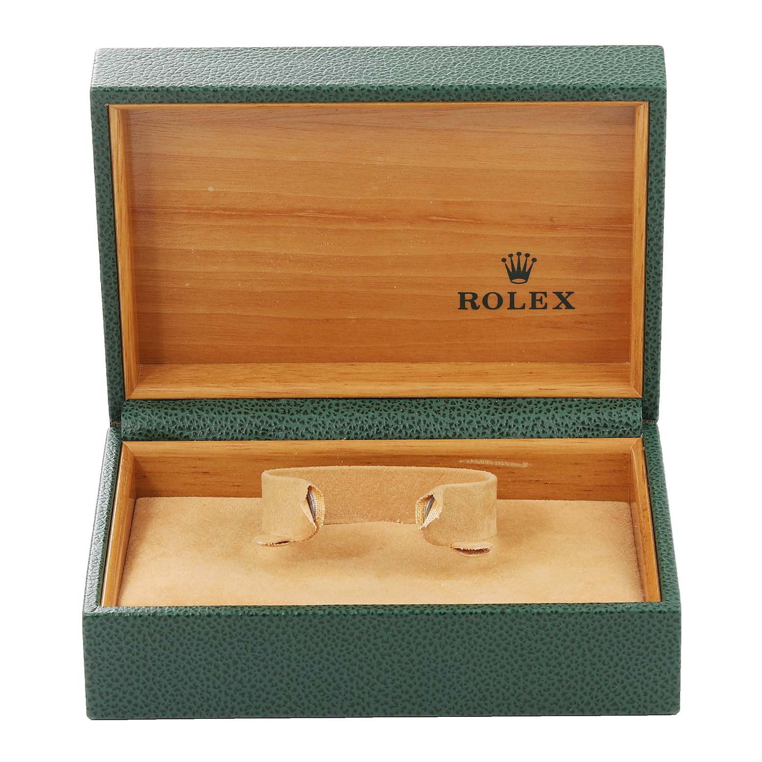 This image shows an open Rolex Datejust 16233 Men's Steel and Gold (two tone) Black Dial 16233 Men's Steel and Gold (two tone) Black Dial watch box, revealing its interior and watch holder.