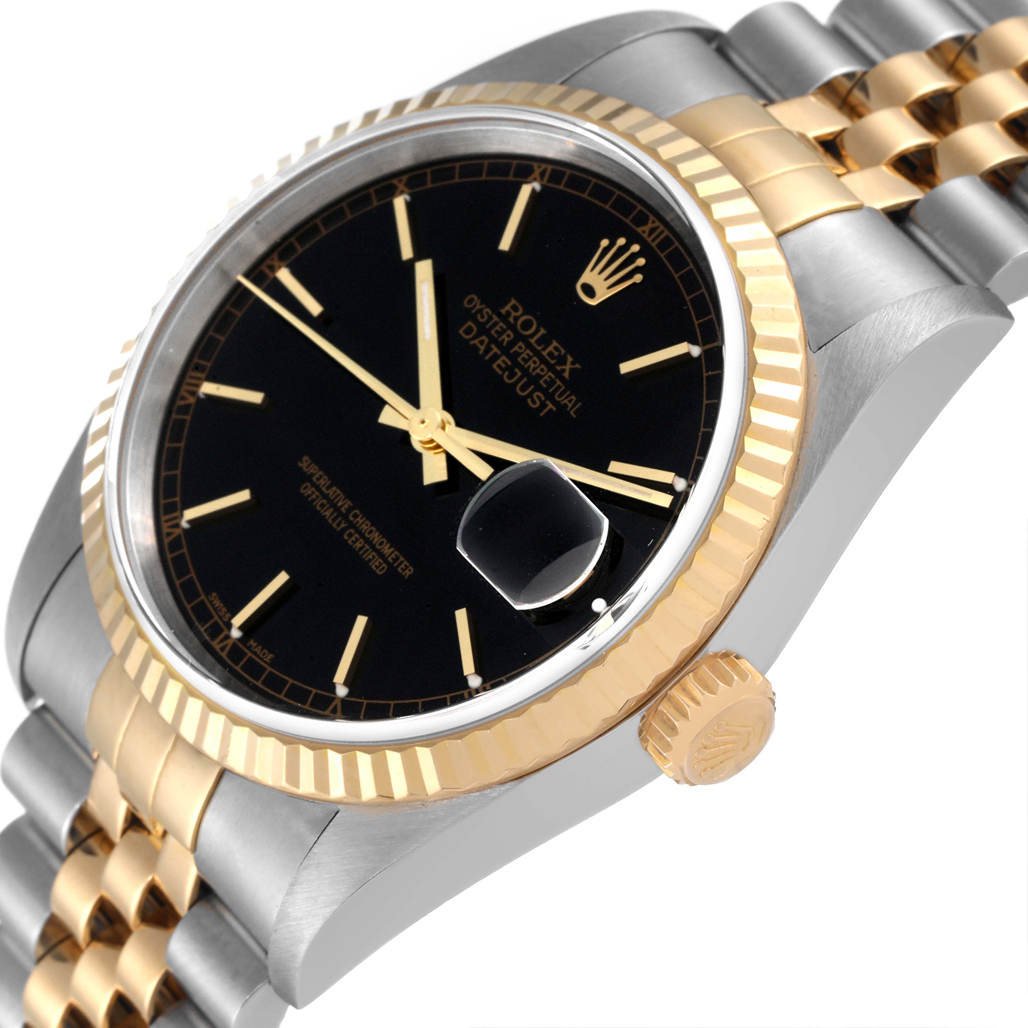 The image shows a Rolex Datejust 16233 Men's Steel and Gold (two tone) Black Dial 16233 Men's Steel and Gold (two tone) Black Dial watch at an angle, highlighting the black dial, gold fluted bezel, and two-tone Jubilee bracelet.
