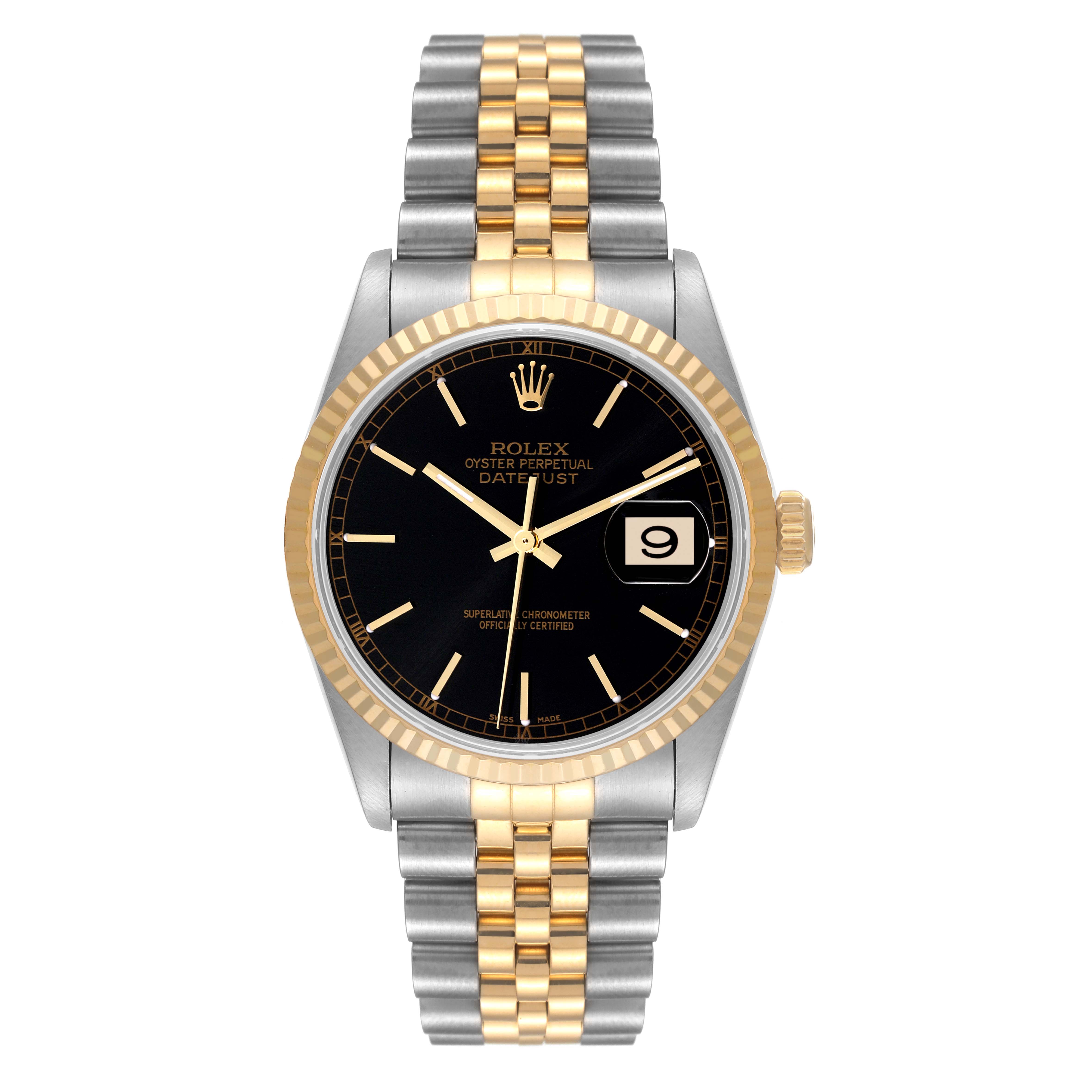 The image shows a frontal view of a Rolex Datejust 16233 Men's Steel and Gold (two tone) Black Dial 16233 Men's Steel and Gold (two tone) Black Dial watch, including the dial, bezel, and bracelet.