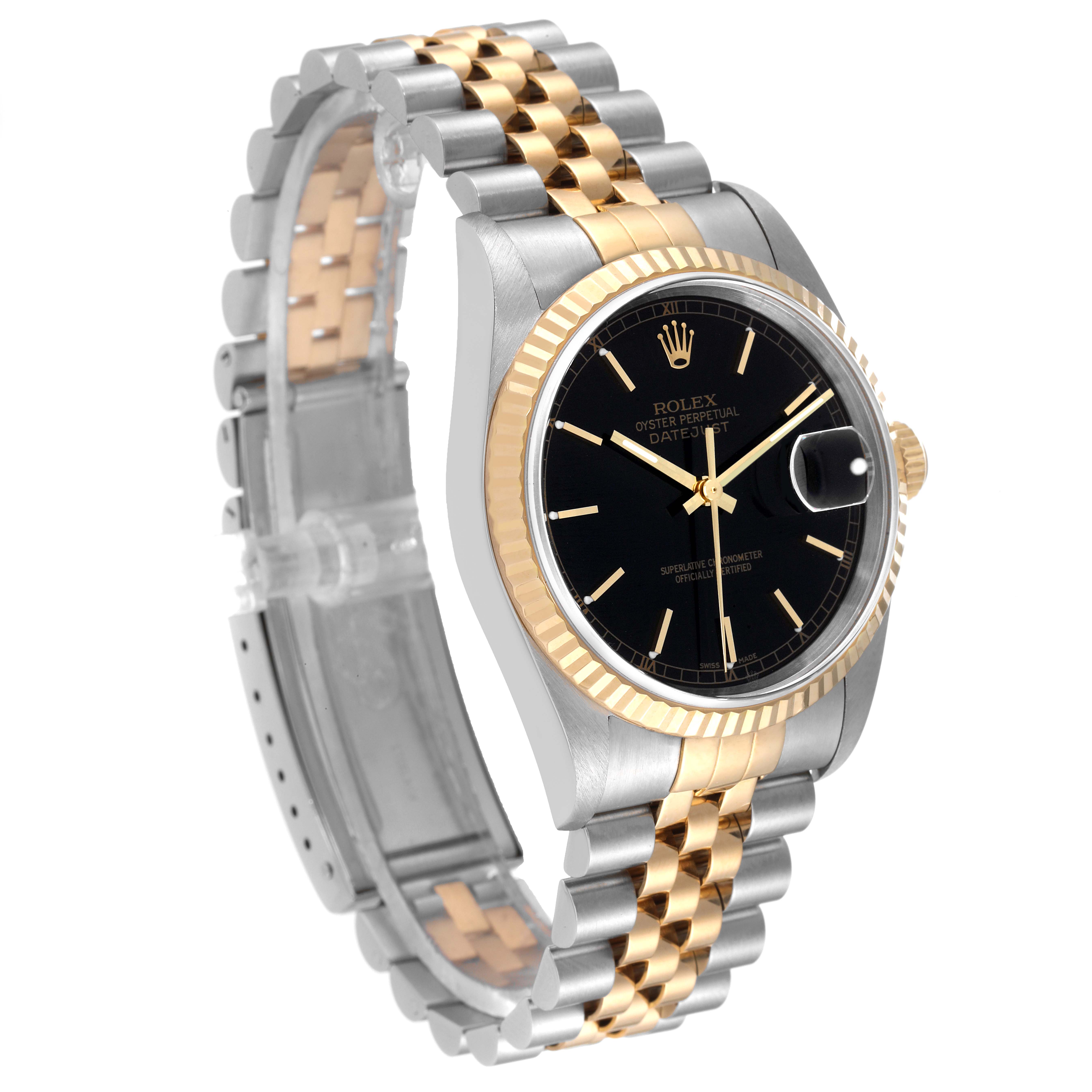 The Rolex Datejust 16233 Men's Steel and Gold (two tone) Black Dial 16233 Men's Steel and Gold (two tone) Black Dial watch is shown from a three-quarter angle, highlighting its black dial, two-tone bracelet, and fluted bezel.