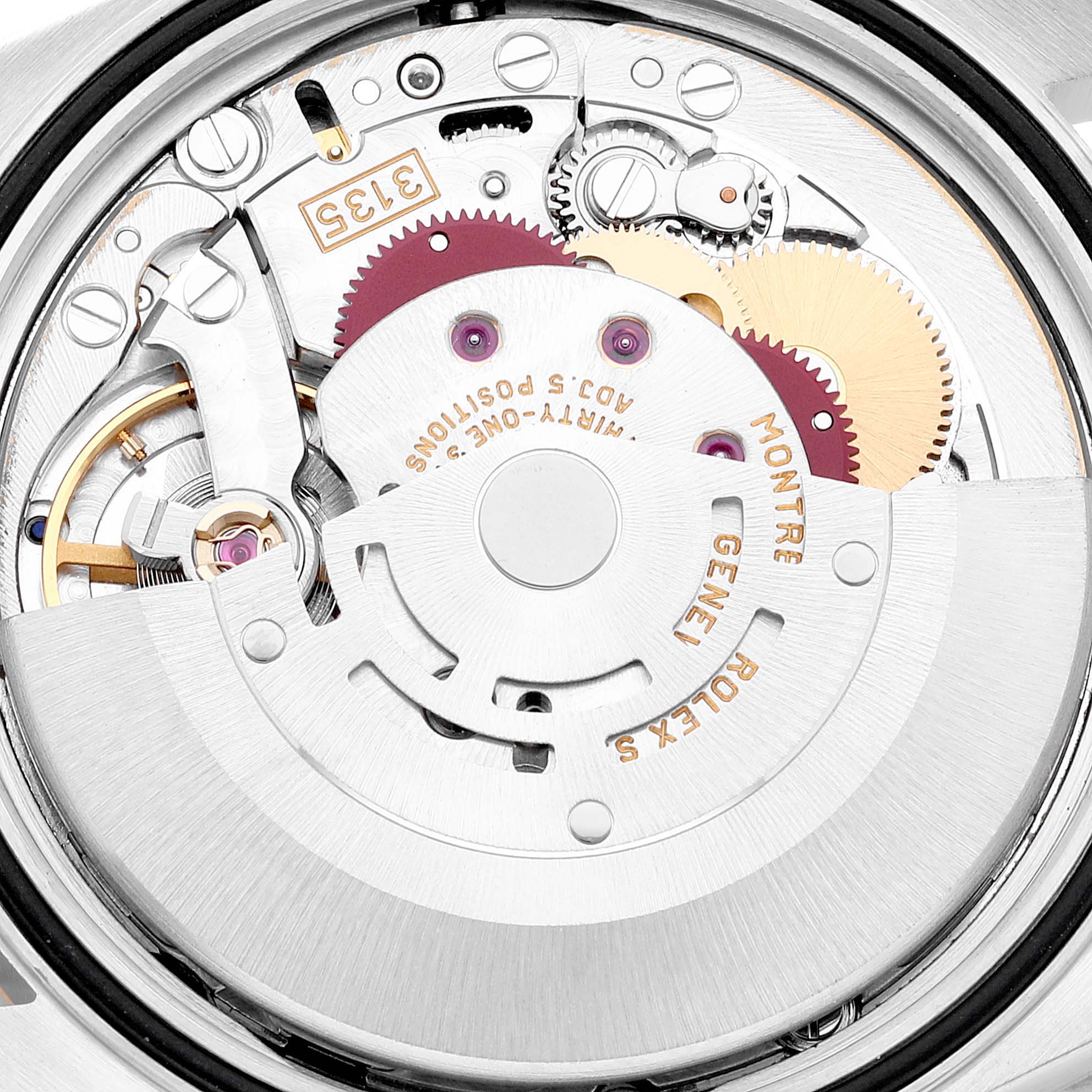 This image shows the intricate internal mechanism of the Rolex Datejust 16233 Men's Steel and Gold (two tone) Black Dial 16233 Men's Steel and Gold (two tone) Black Dial watch model from a close-up angle.