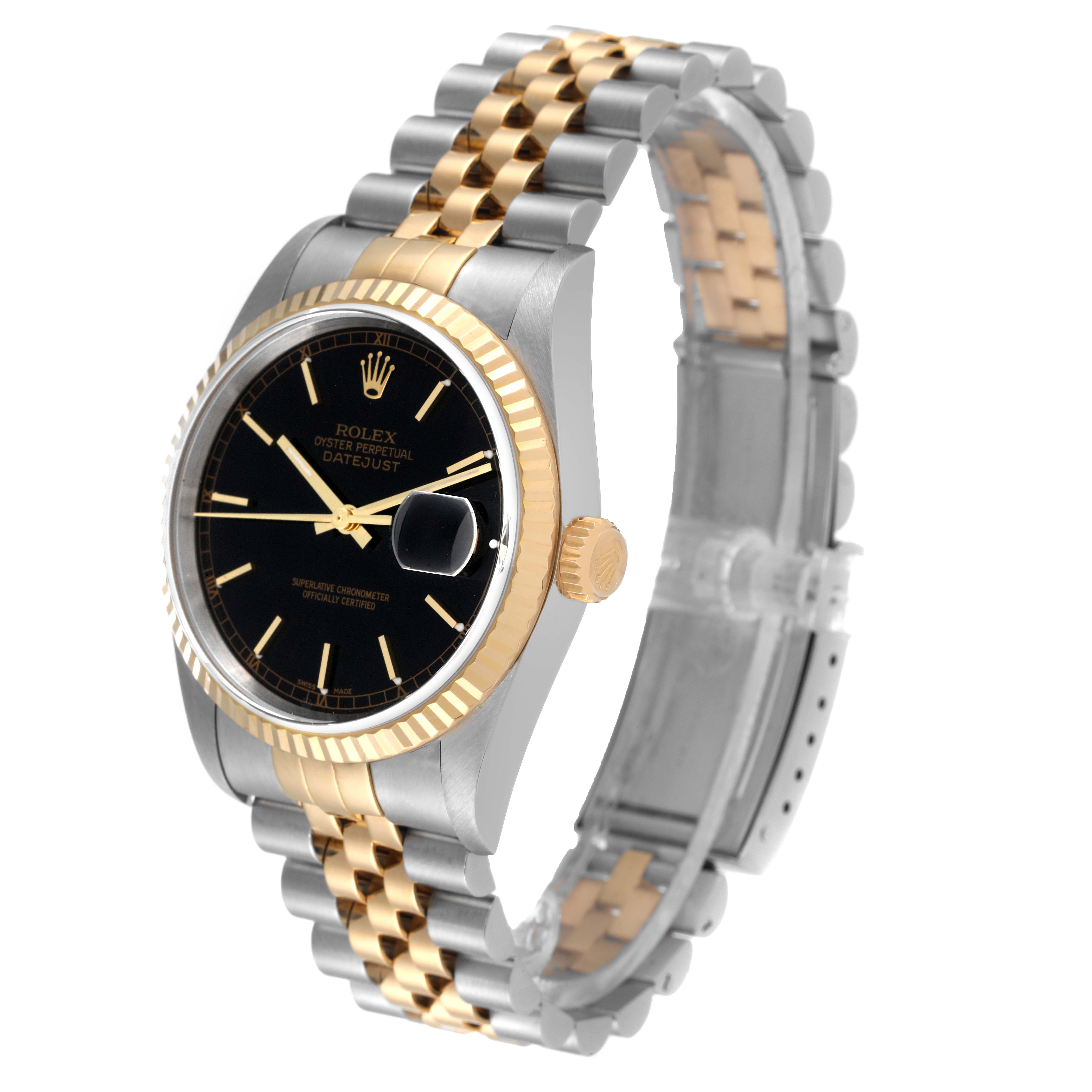 The image shows a Rolex Datejust 16233 Men's Steel and Gold (two tone) Black Dial 16233 Men's Steel and Gold (two tone) Black Dial watch at a 3/4 angle, highlighting the face, bezel, crown, and bracelet.