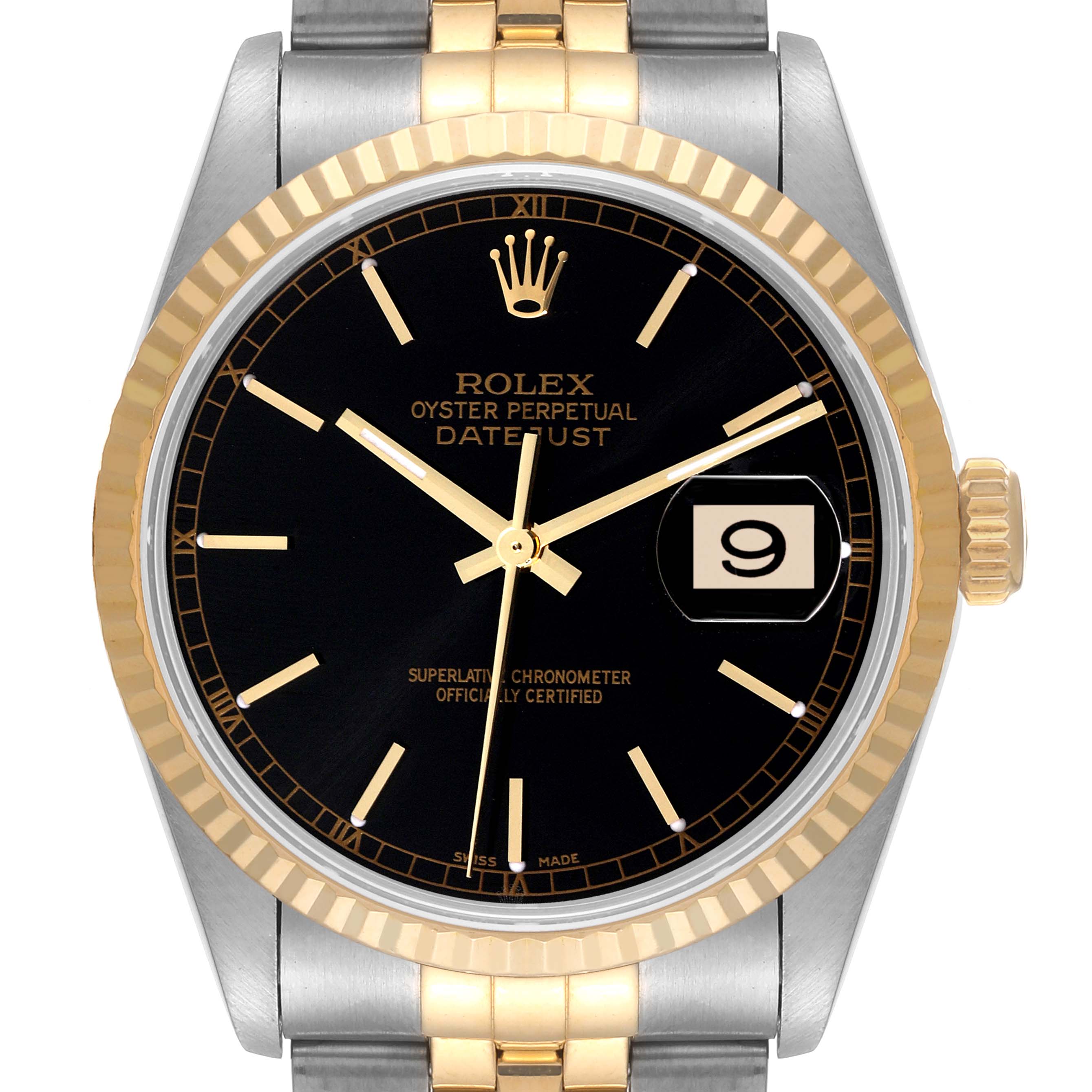The image shows a close-up front view of the Rolex Datejust 16233 Men's Steel and Gold (two tone) Black Dial 16233 Men's Steel and Gold (two tone) Black Dial watch, highlighting the dial, hands, bezel, and part of the bracelet.