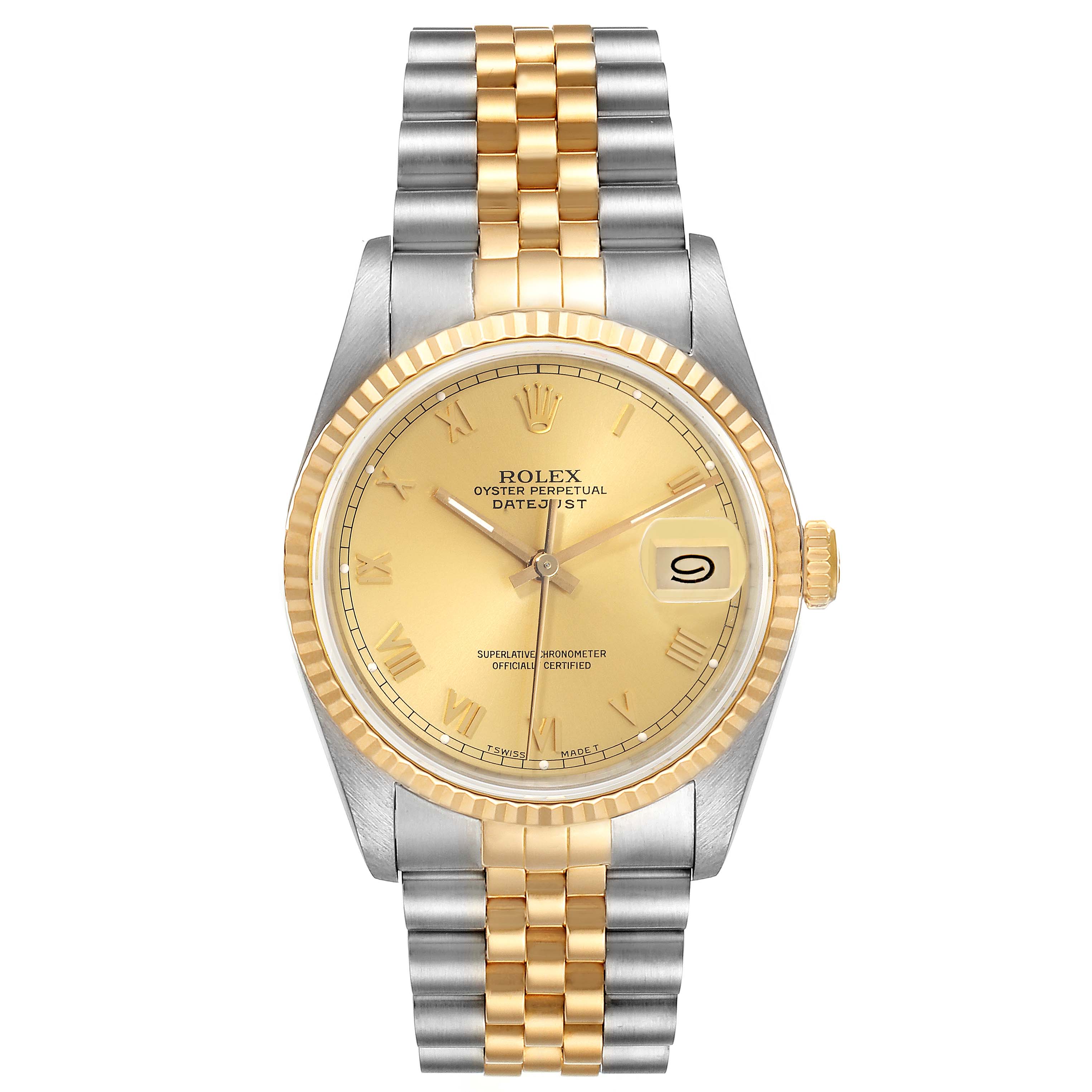 This image shows a front view of a Rolex Datejust 16233 Men's Steel and Gold (two tone) Champagne Dial 16233 Men's Steel and Gold (two tone) Champagne Dial watch, highlighting its two-tone band, dial, and date window.