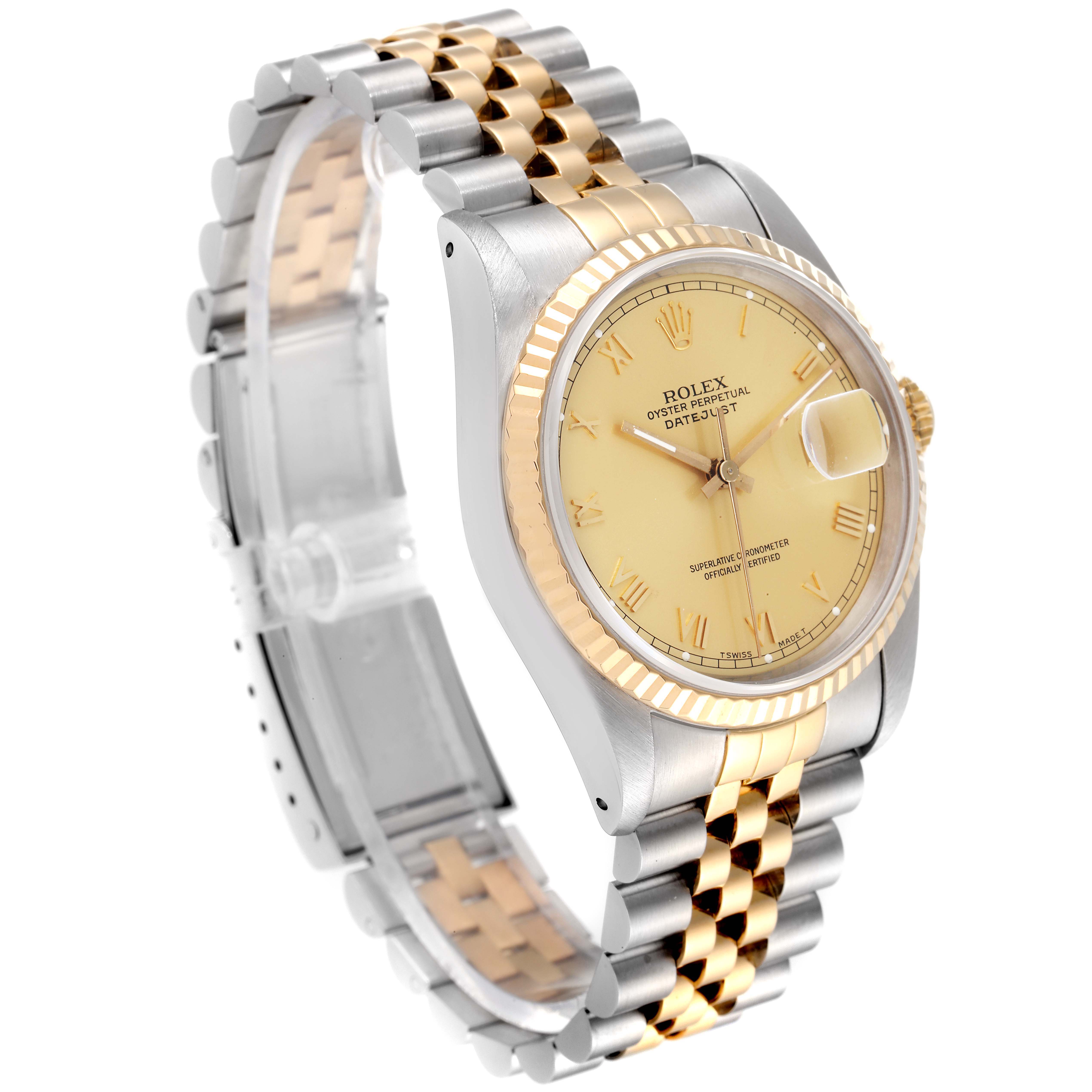 The image shows a side angle view of the Rolex Datejust 16233 Men's Steel and Gold (two tone) Champagne Dial 16233 Men's Steel and Gold (two tone) Champagne Dial watch, highlighting its face, bracelet, and fluted bezel.