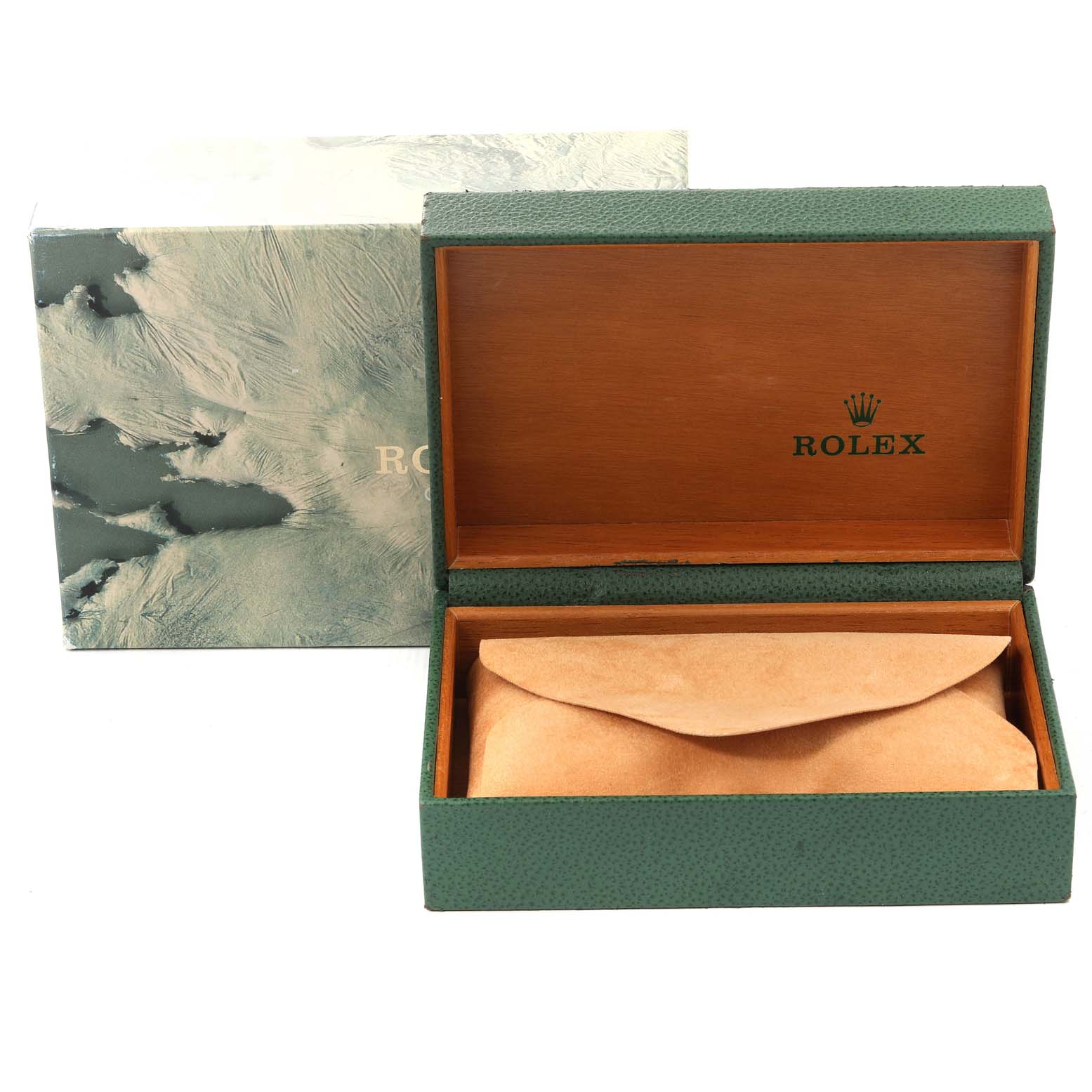 The image shows a Rolex Datejust 16233 Men's Steel and Gold (two tone) Champagne Dial 16233 Men's Steel and Gold (two tone) Champagne Dial watch box with its lid open, revealing a tan suede pouch inside.