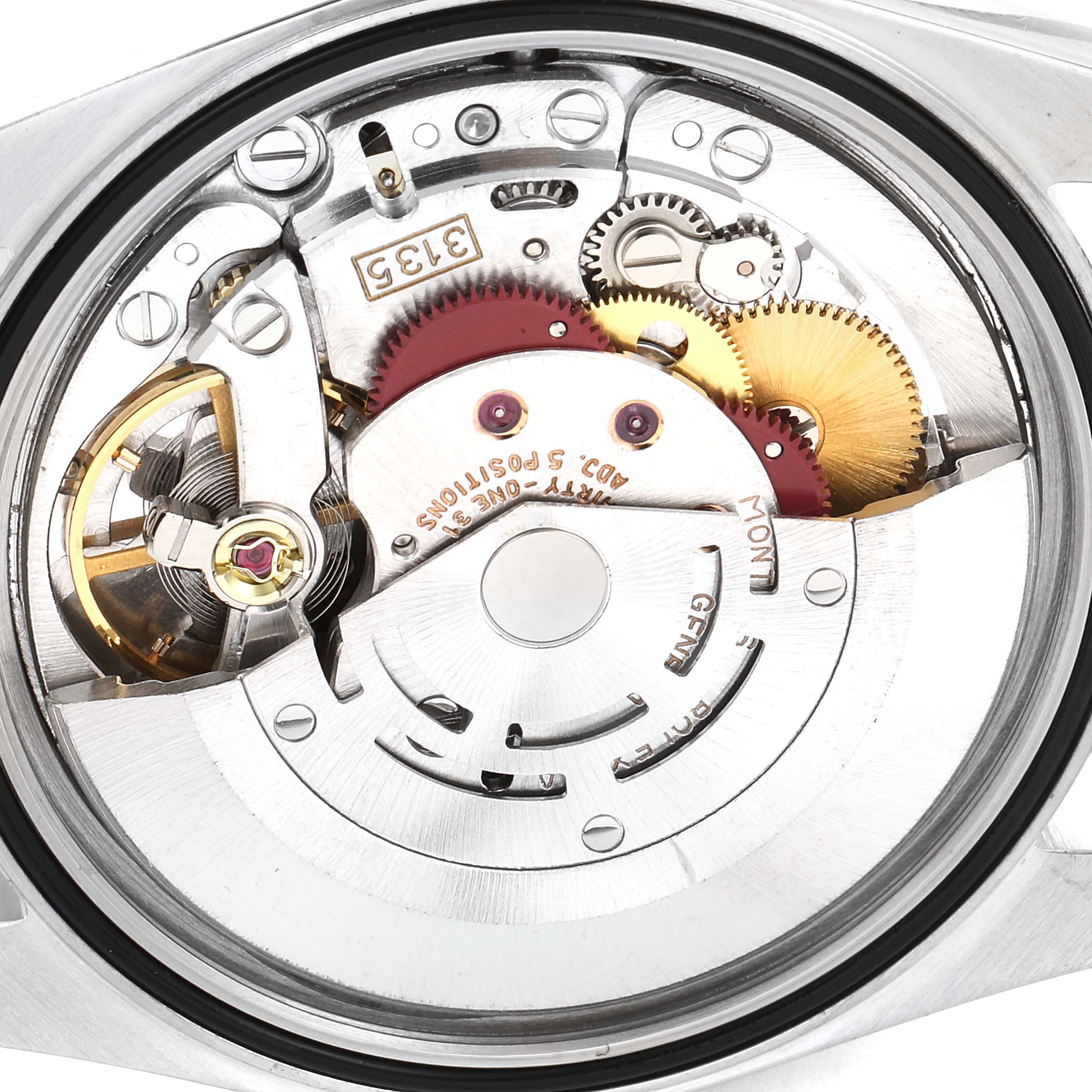 The image shows the internal movement components of a Rolex Datejust 16233 Men's Steel and Gold (two tone) Champagne Dial 16233 Men's Steel and Gold (two tone) Champagne Dial watch, viewed from the back.