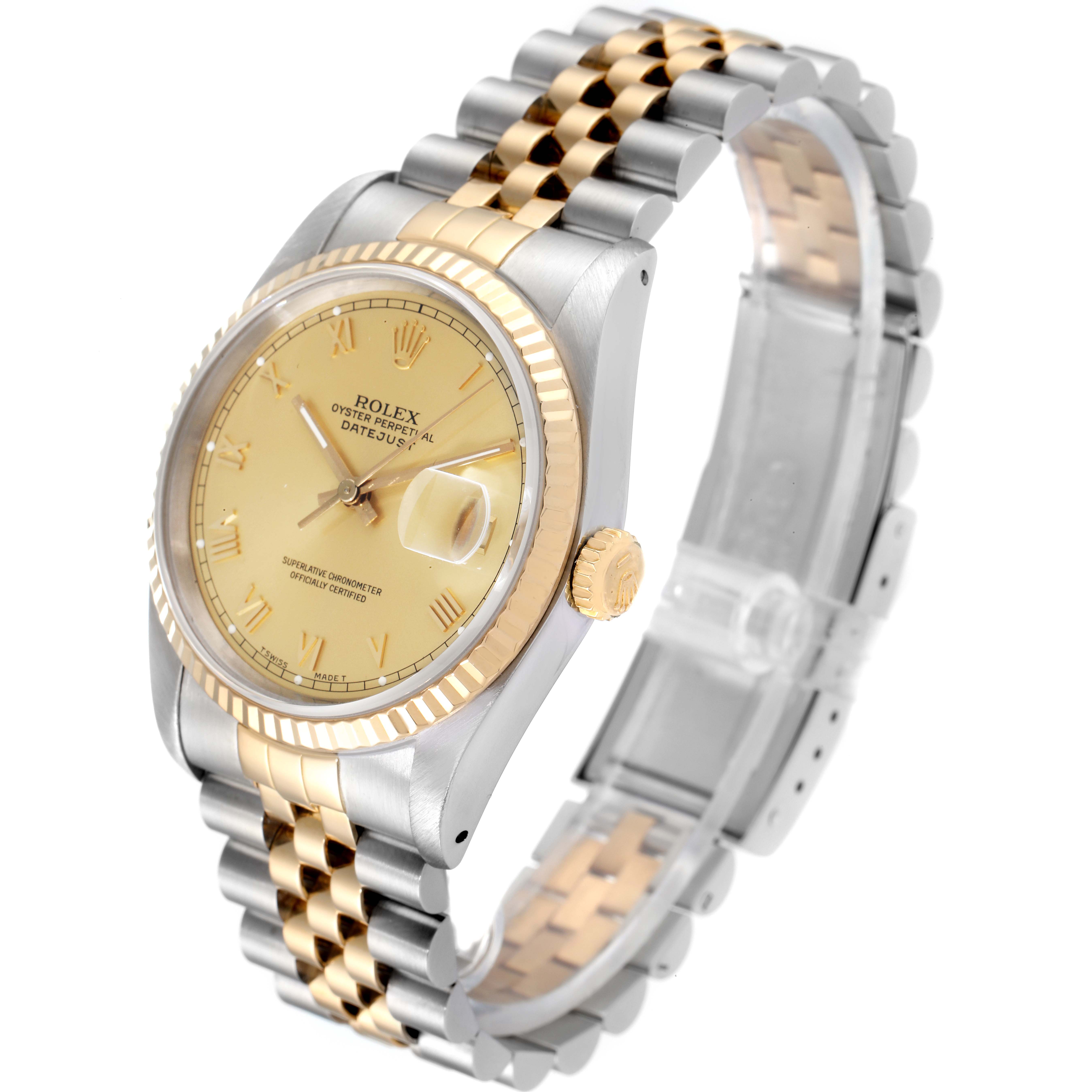 This image shows a Rolex Datejust 16233 Men's Steel and Gold (two tone) Champagne Dial 16233 Men's Steel and Gold (two tone) Champagne Dial watch from a three-quarter top-front angle, highlighting its two-tone case and jubilee bracelet.