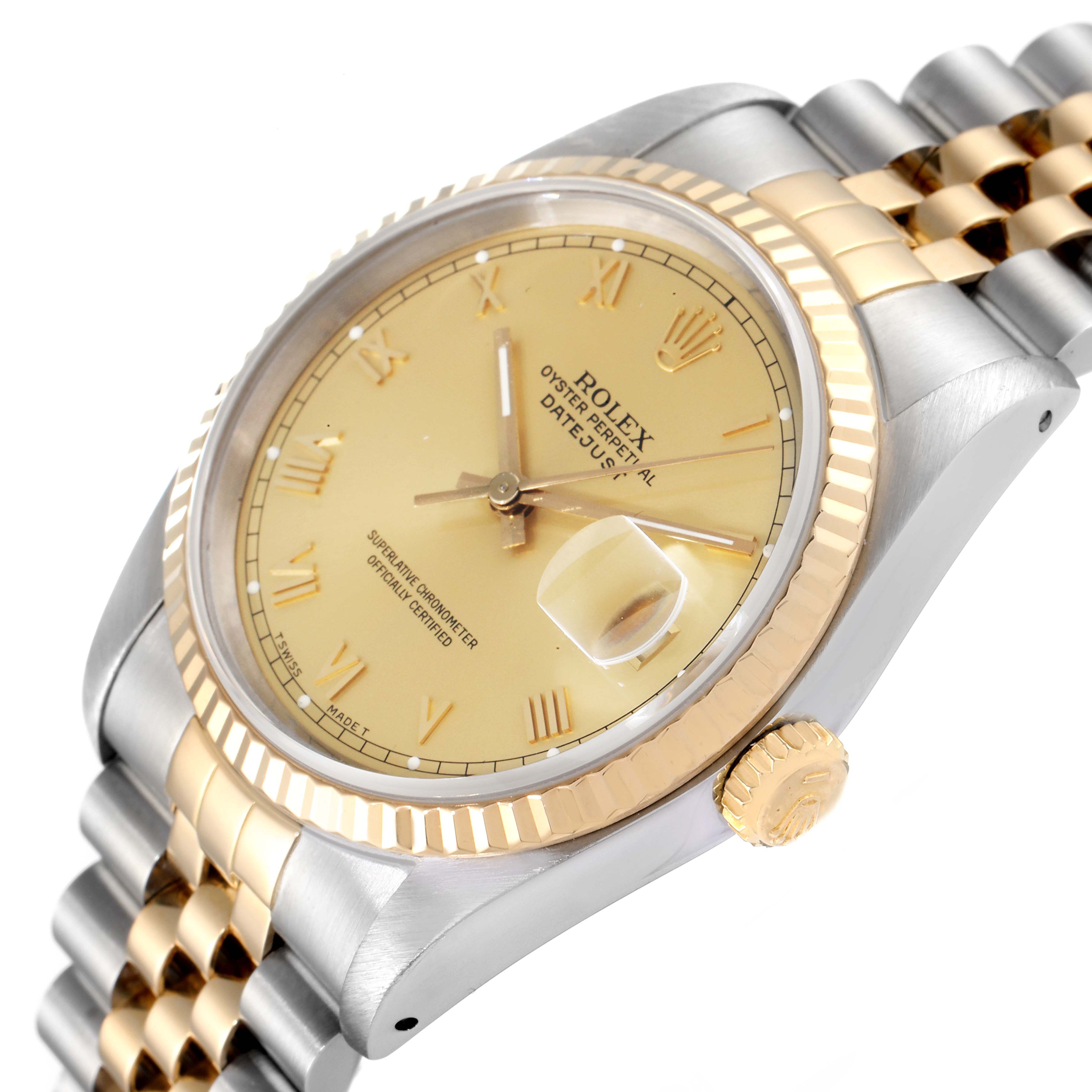 The image shows a close-up, angled view of a Rolex Datejust 16233 Men's Steel and Gold (two tone) Champagne Dial 16233 Men's Steel and Gold (two tone) Champagne Dial watch, highlighting the dial, bezel, and part of the bracelet.