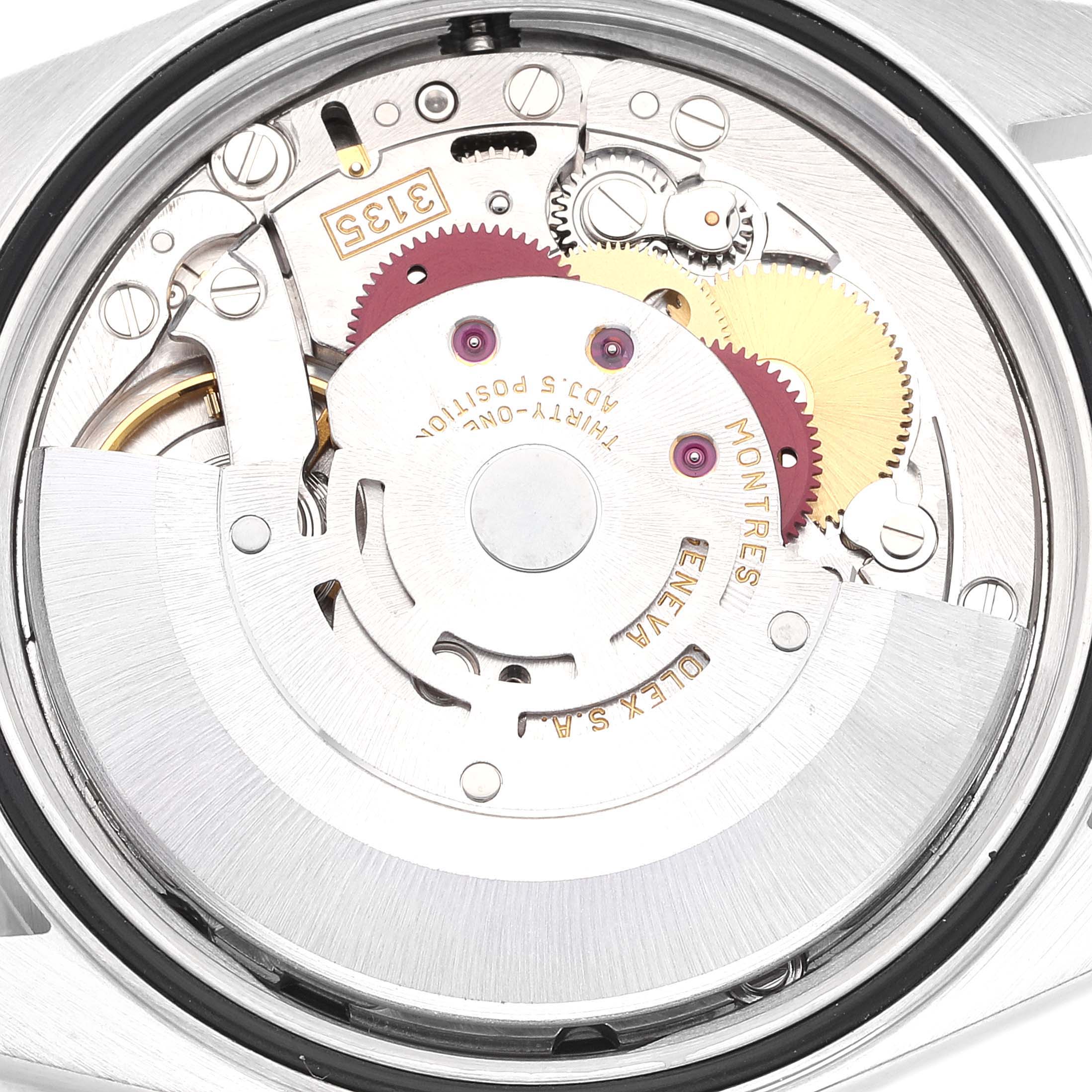 The image shows the movement mechanism of a Rolex Datejust 16234 Men's Stainless Steel Black Dial 16234 Men's Stainless Steel Black Dial watch from a close-up, angled from the back.