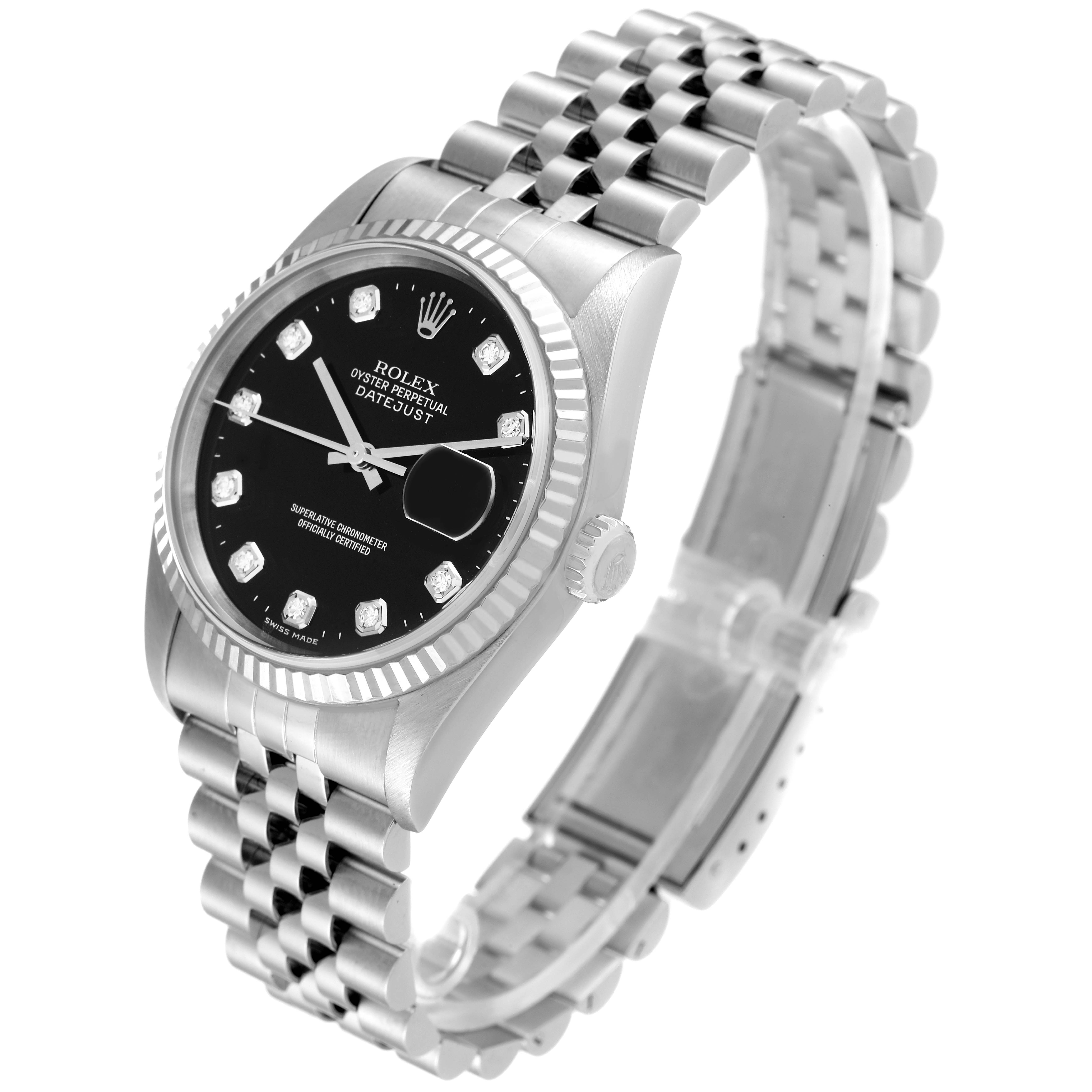 The Rolex Datejust 16234 Men's Stainless Steel Black Dial 16234 Men's Stainless Steel Black Dial watch is shown at an angle displaying the dial, bezel, crown, and Jubilee bracelet.