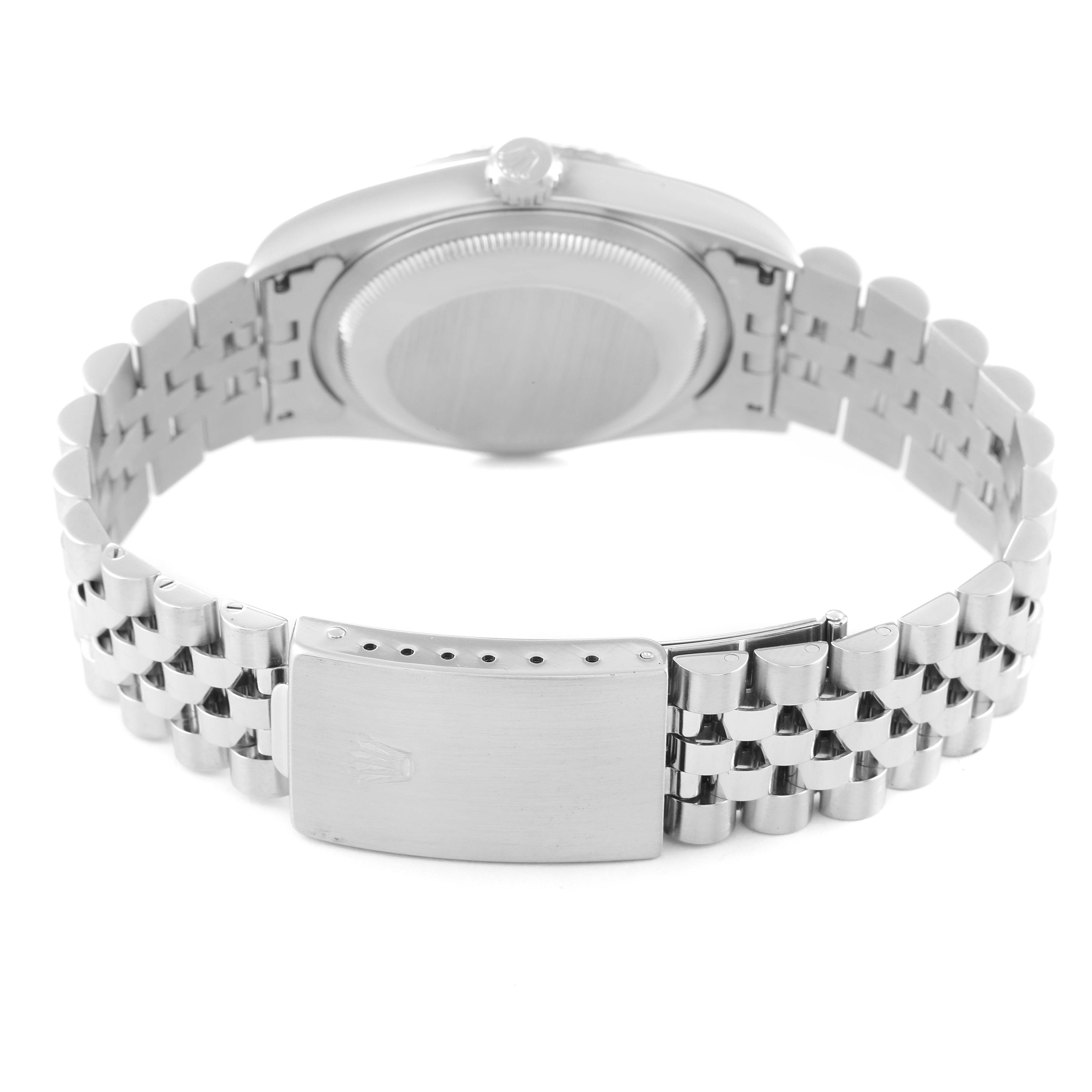 This image shows the back and bracelet of a Rolex Datejust 16234 Men's Stainless Steel Black Dial 16234 Men's Stainless Steel Black Dial watch, focusing on the clasp and case back.