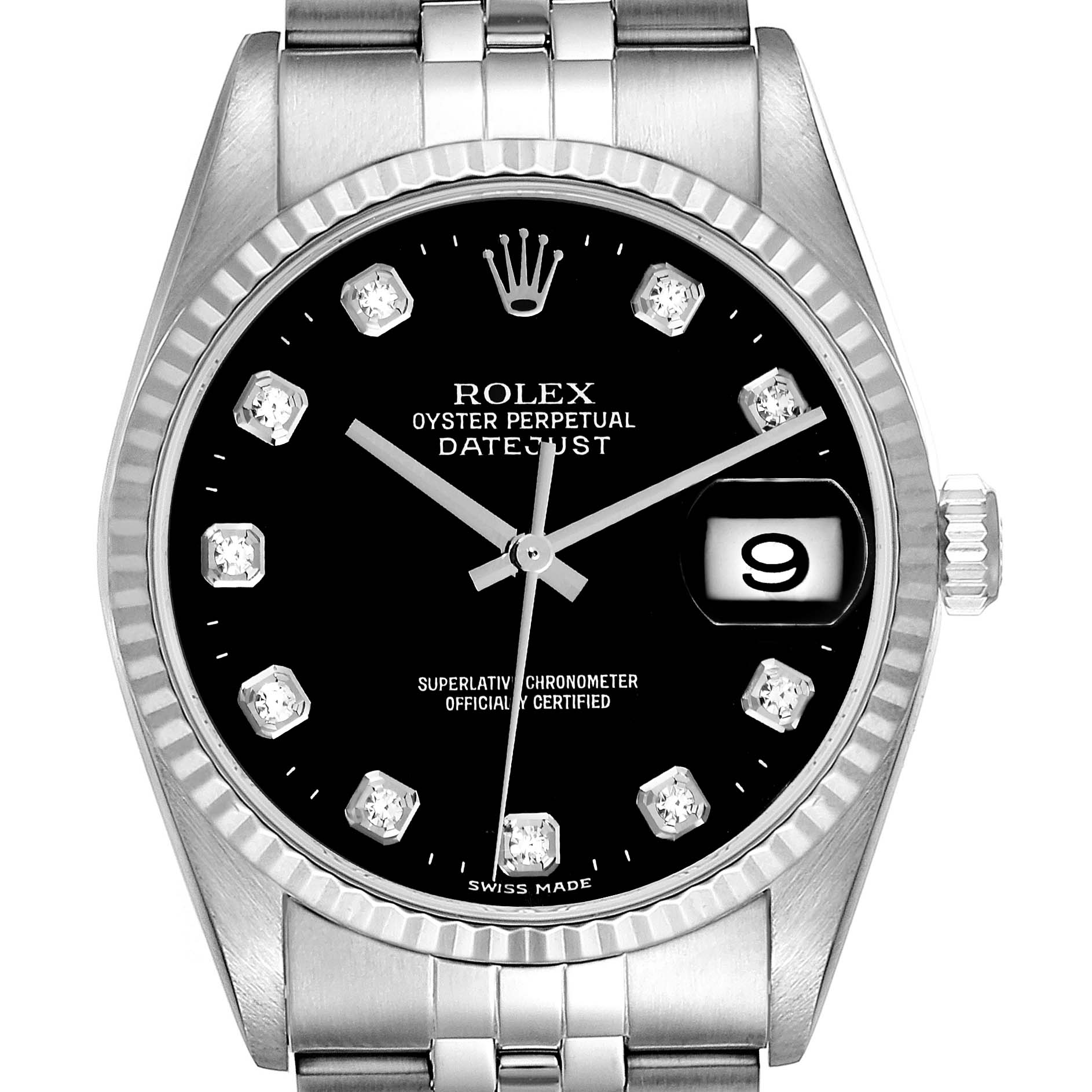 The image shows a front view of a Rolex Datejust 16234 Men's Stainless Steel Black Dial 16234 Men's Stainless Steel Black Dial watch displaying its dial, hands, date window, bezel, and part of the bracelet.