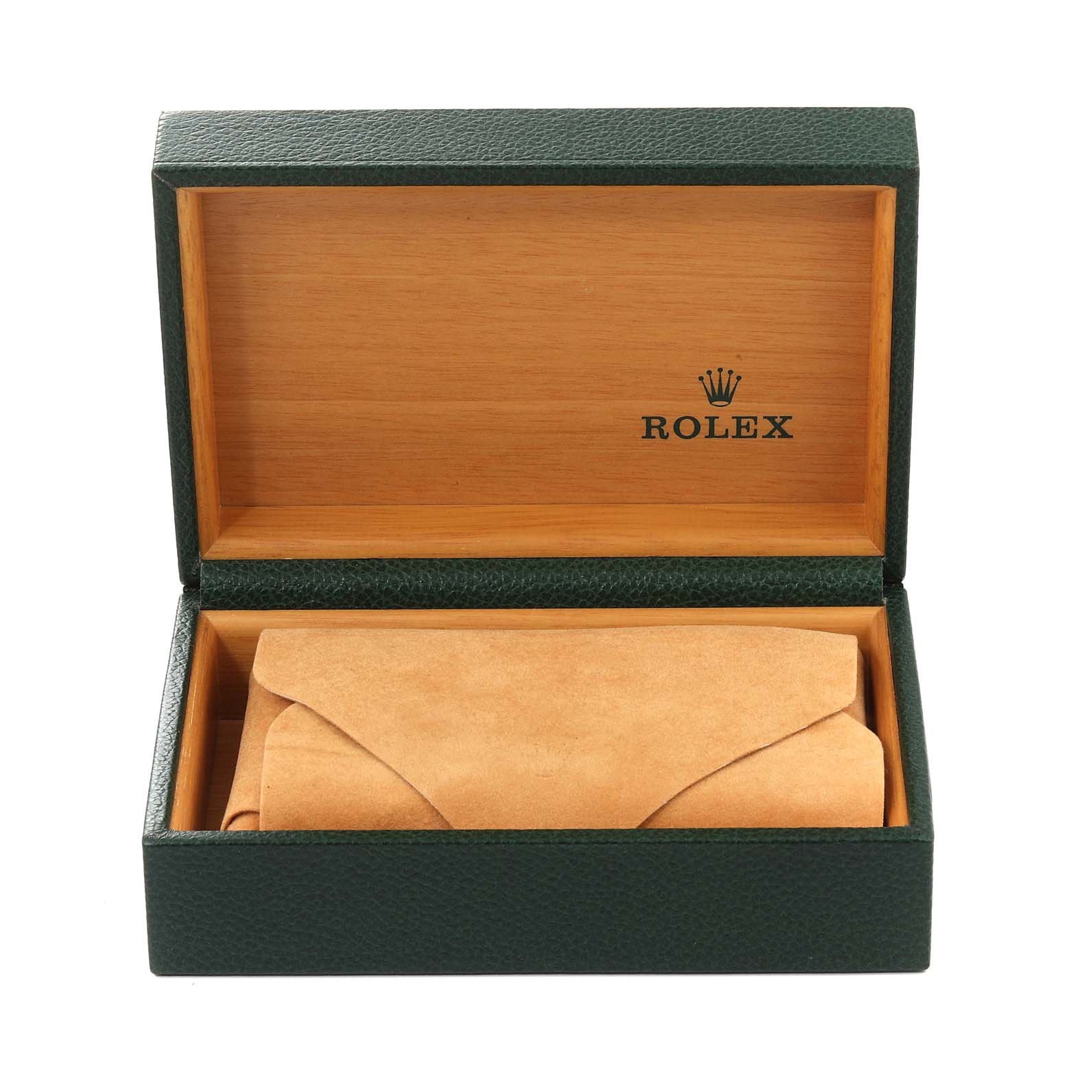 The image shows an open Rolex watch box with a brown suede pouch inside, used for storing the Rolex Datejust 16234 Men's Stainless Steel Black Dial 16234 Men's Stainless Steel Black Dial watch.