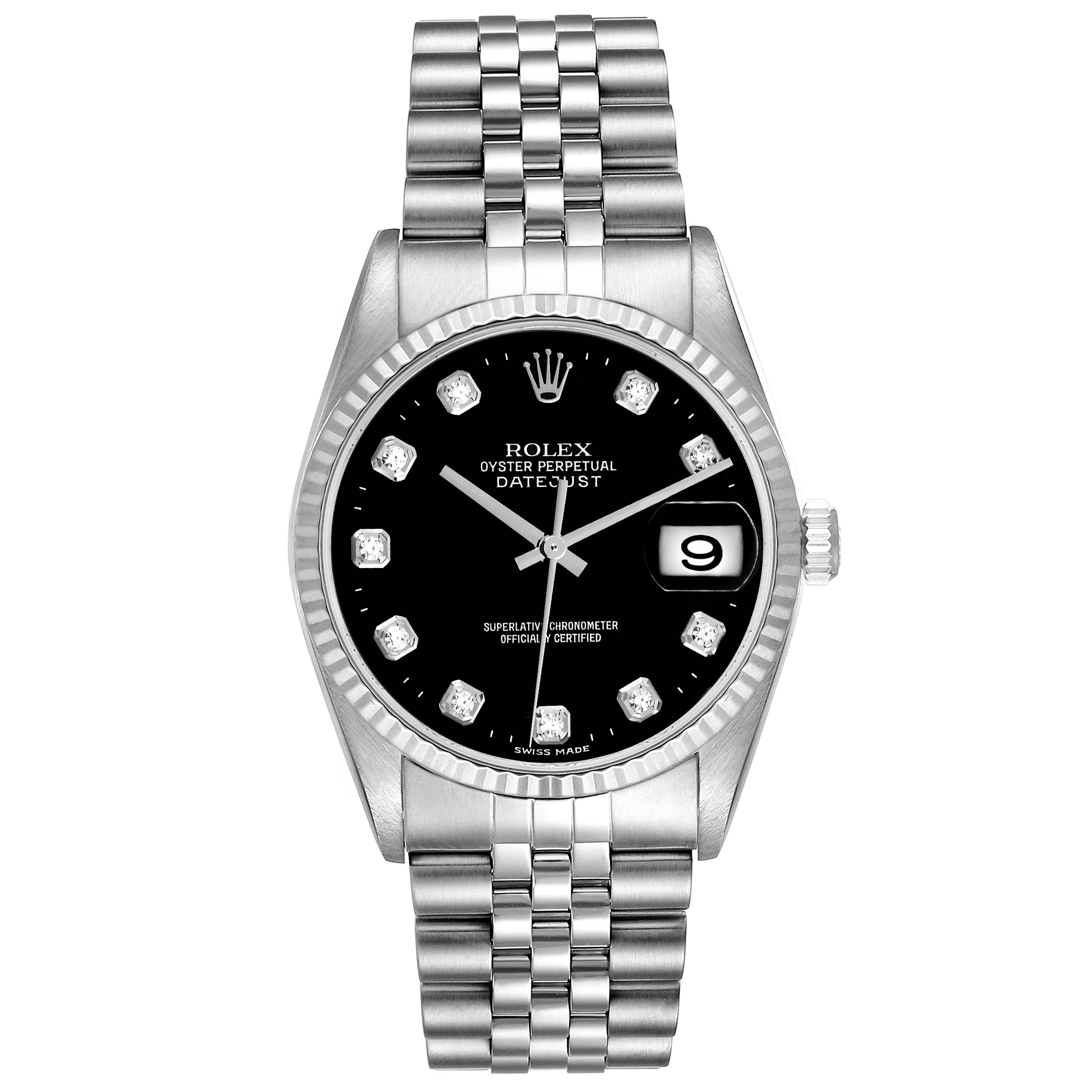 The image shows a front view of the Rolex Datejust 16234 Men's Stainless Steel Black Dial 16234 Men's Stainless Steel Black Dial watch, featuring its dial, bezel, and bracelet.