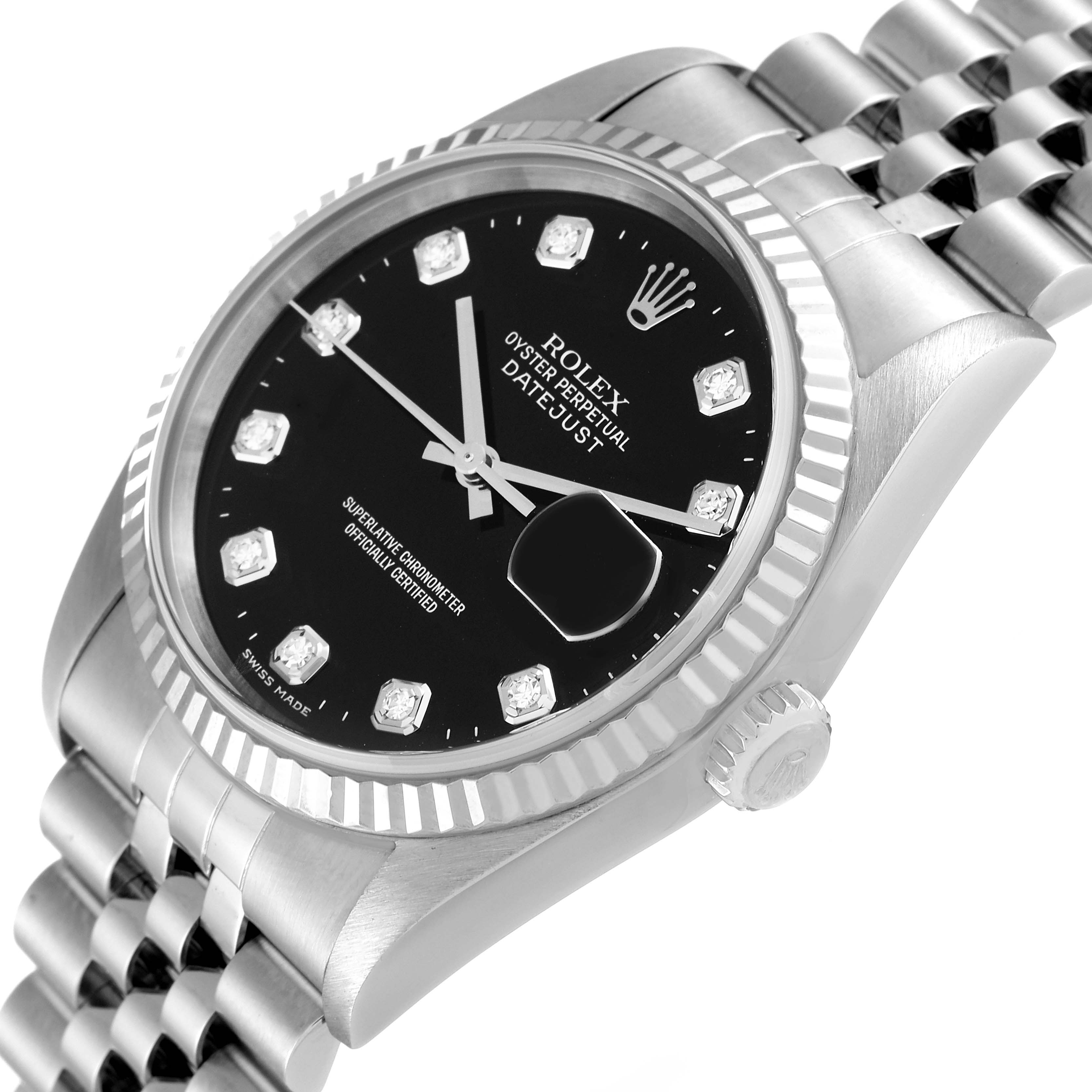 This image shows a close-up, angled view of the Rolex Datejust 16234 Men's Stainless Steel Black Dial 16234 Men's Stainless Steel Black Dial, featuring the dial, bezel, and part of the bracelet.