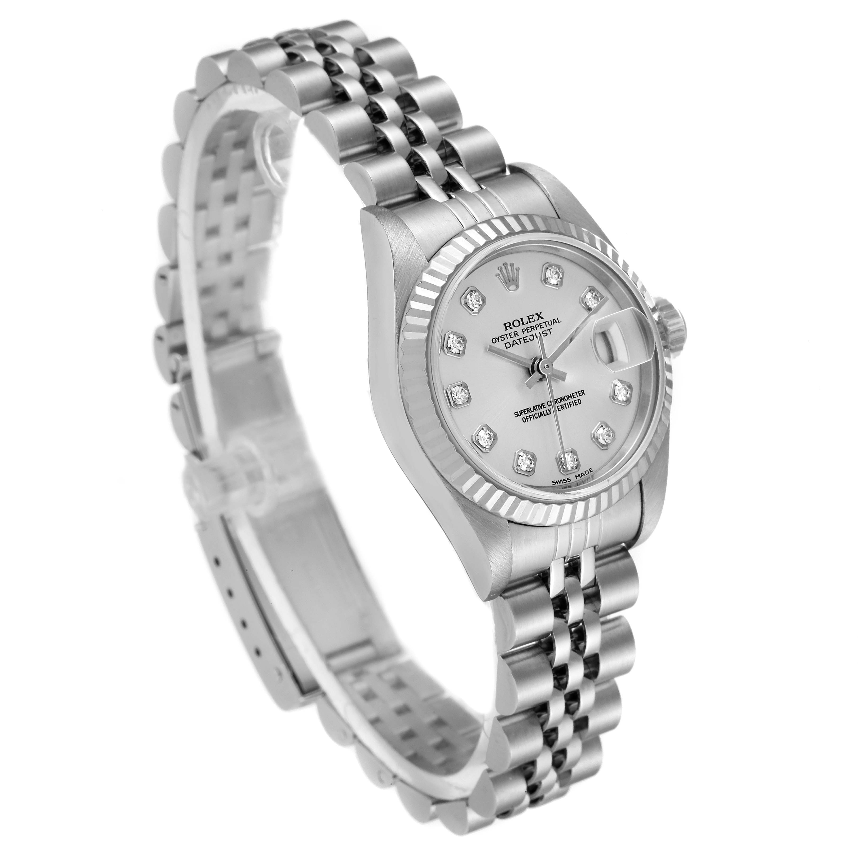 The image shows a Rolex Datejust 79174 Women
s Stainless Steel Silver Dial 79174 Women
s Stainless Steel Silver Dial watch at a three-quarter angle, displaying its dial, bezel, and Jubilee bracelet.