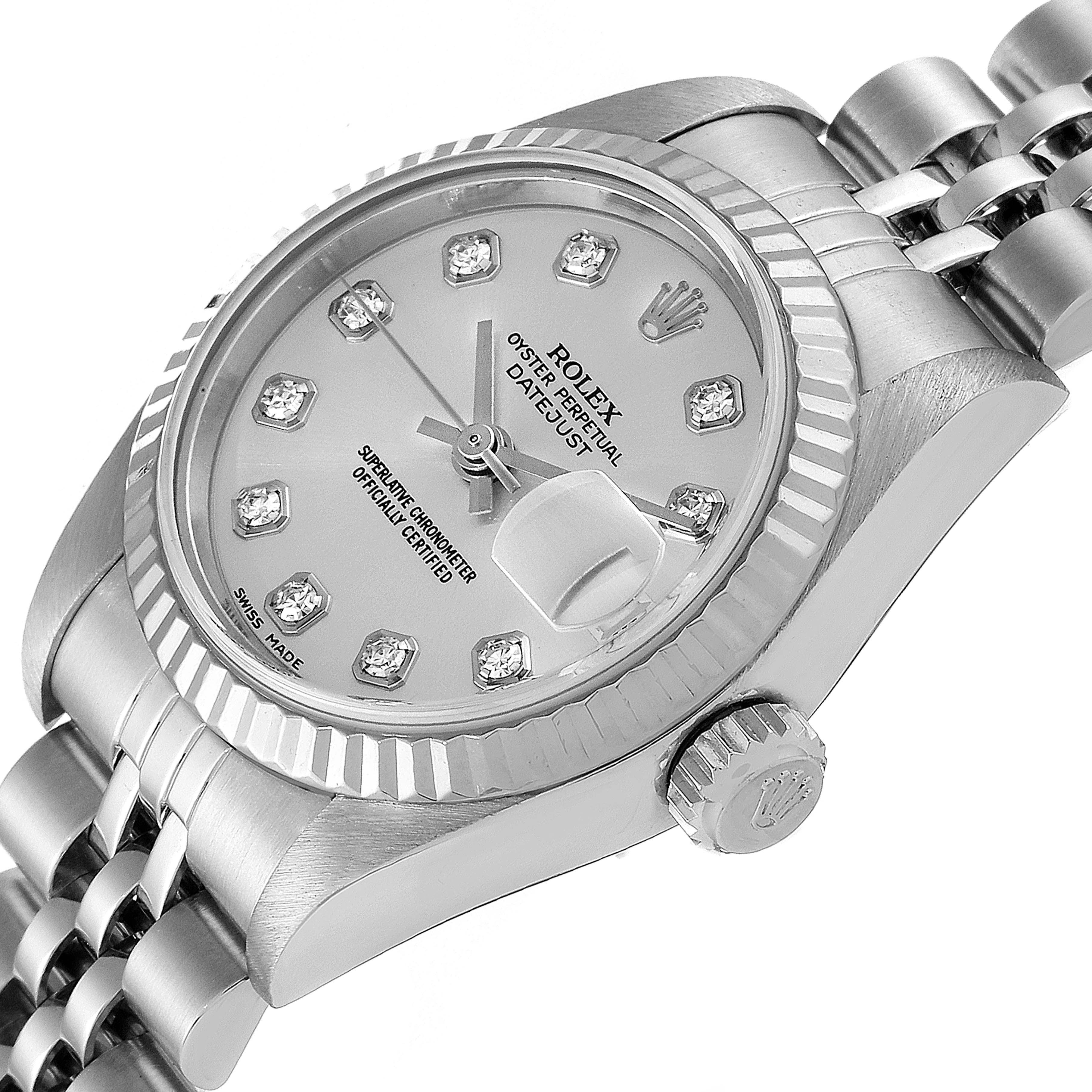 This image shows a close-up of the Rolex Datejust 79174 Women
s Stainless Steel Silver Dial 79174 Women
s Stainless Steel Silver Dial watch face, crown, and part of the bracelet.