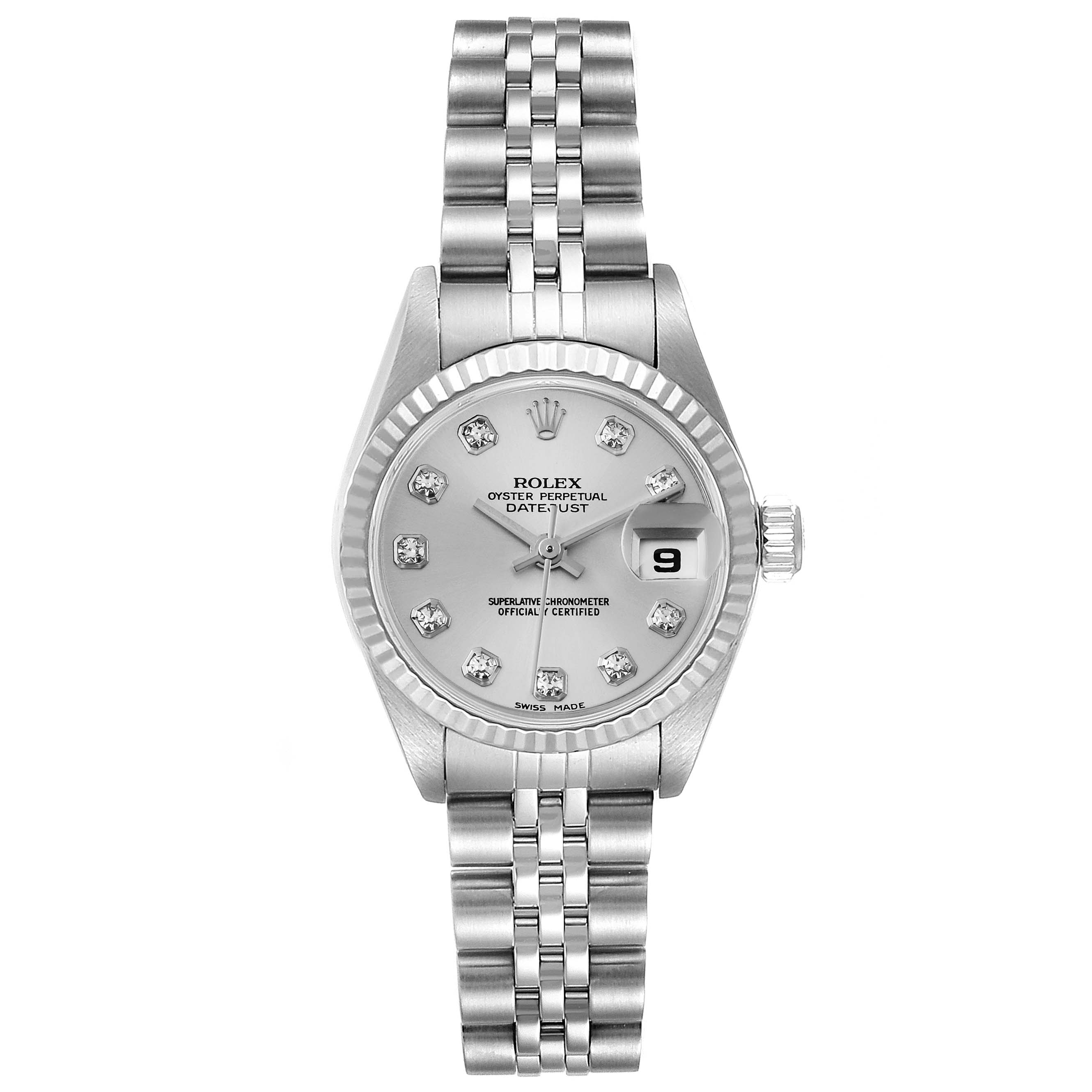 The image shows a front view of a Rolex Datejust 79174 Women
s Stainless Steel Silver Dial 79174 Women
s Stainless Steel Silver Dial watch, displaying its face, bezel, bracelet, and date window.