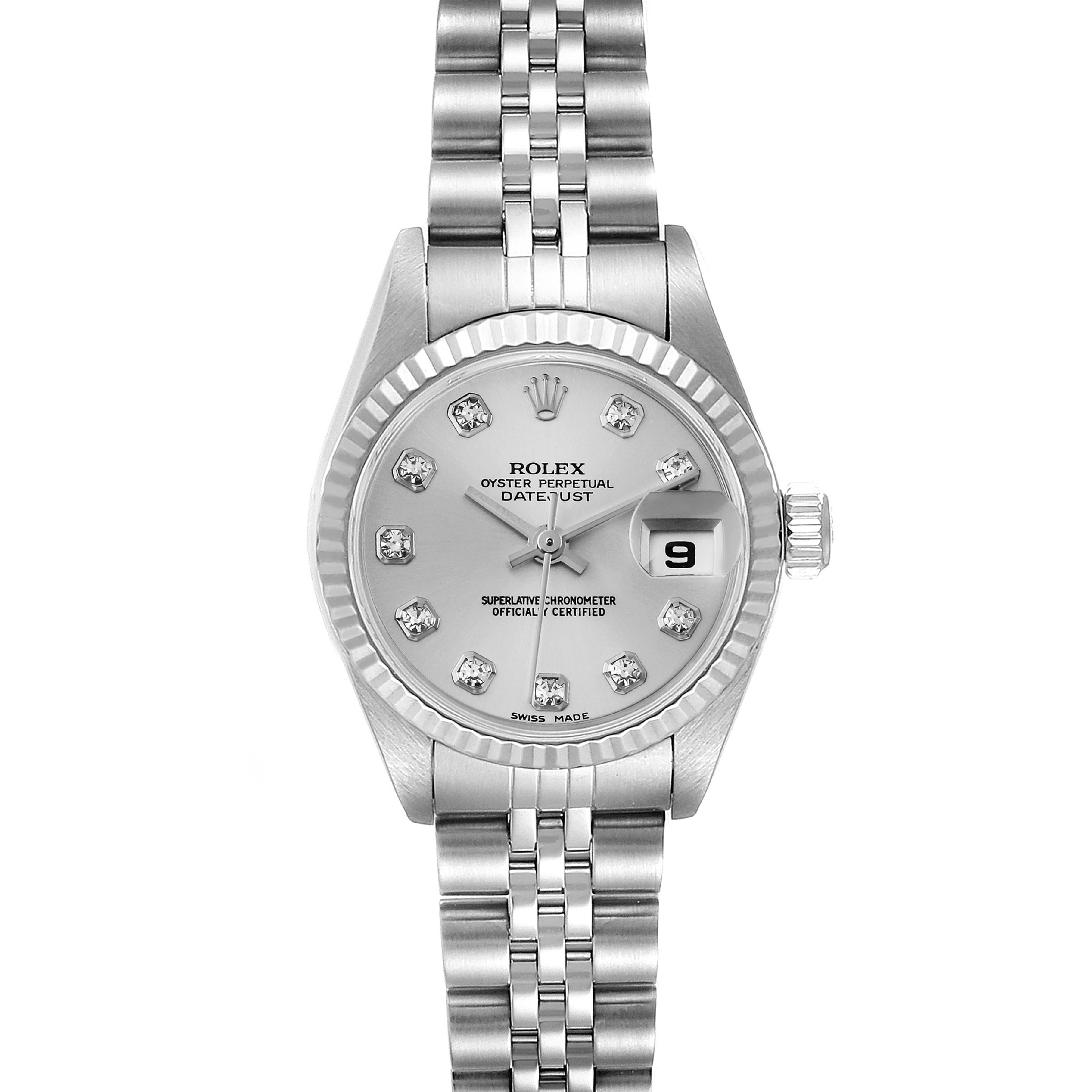 The image shows a front view of a Rolex Datejust 79174 Women
s Stainless Steel Silver Dial 79174 Women
s Stainless Steel Silver Dial watch, highlighting the dial, bezel, bracelet, and date display.